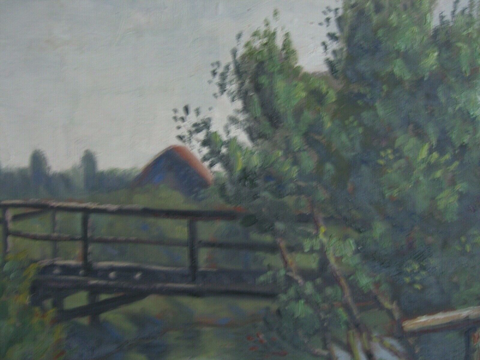 Summery River Landscape with Bridge and Pasture Fence Water Reflections Meadow