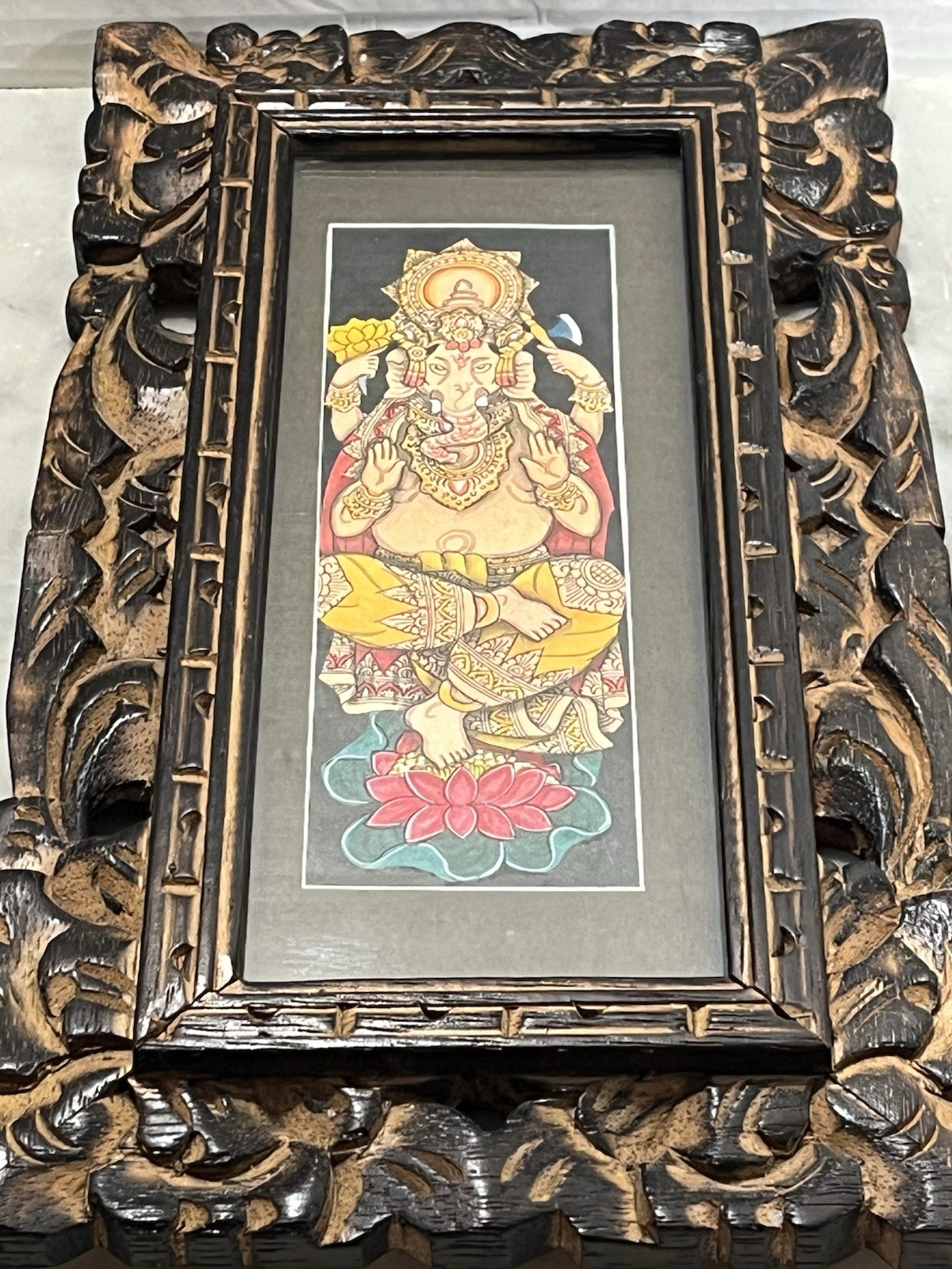 Ganapati Ganesha Water Color Art Hindu Religious Art Carved Wood Frame 13”x 7”