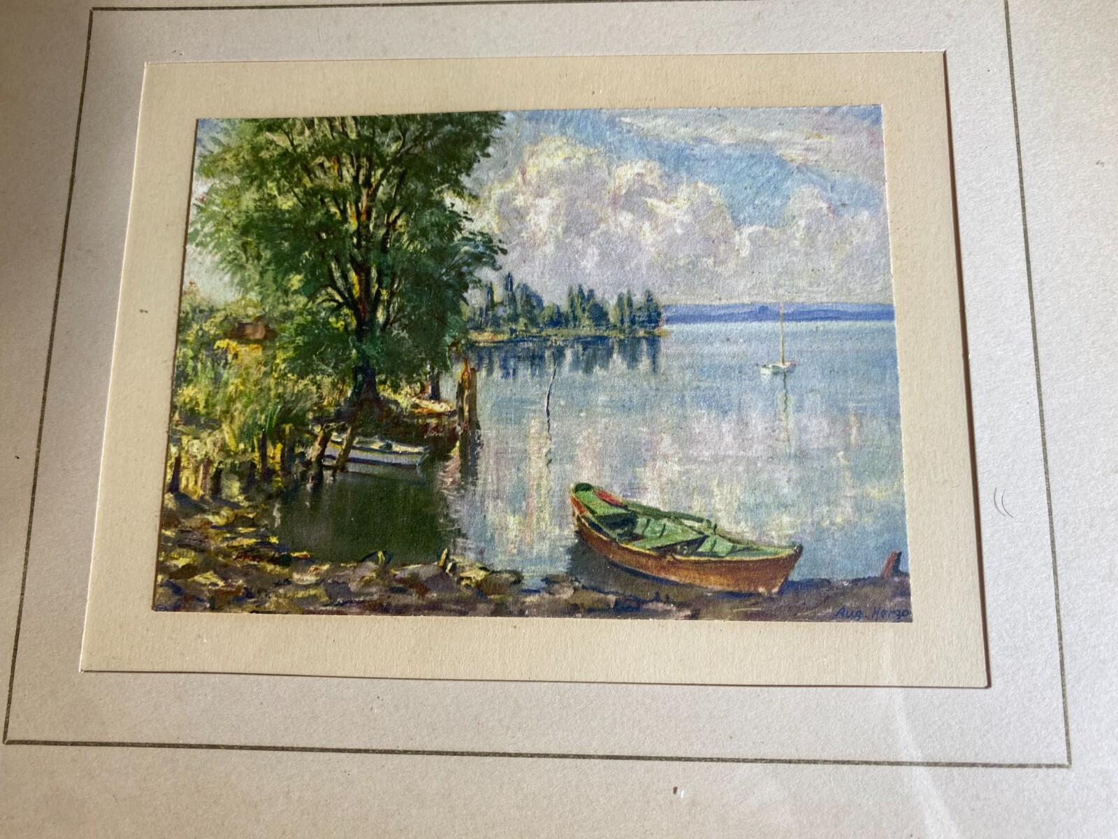 August Herzog (1885 – 1959) «Lakeside Scene» Oil Painting – Signed/Framed