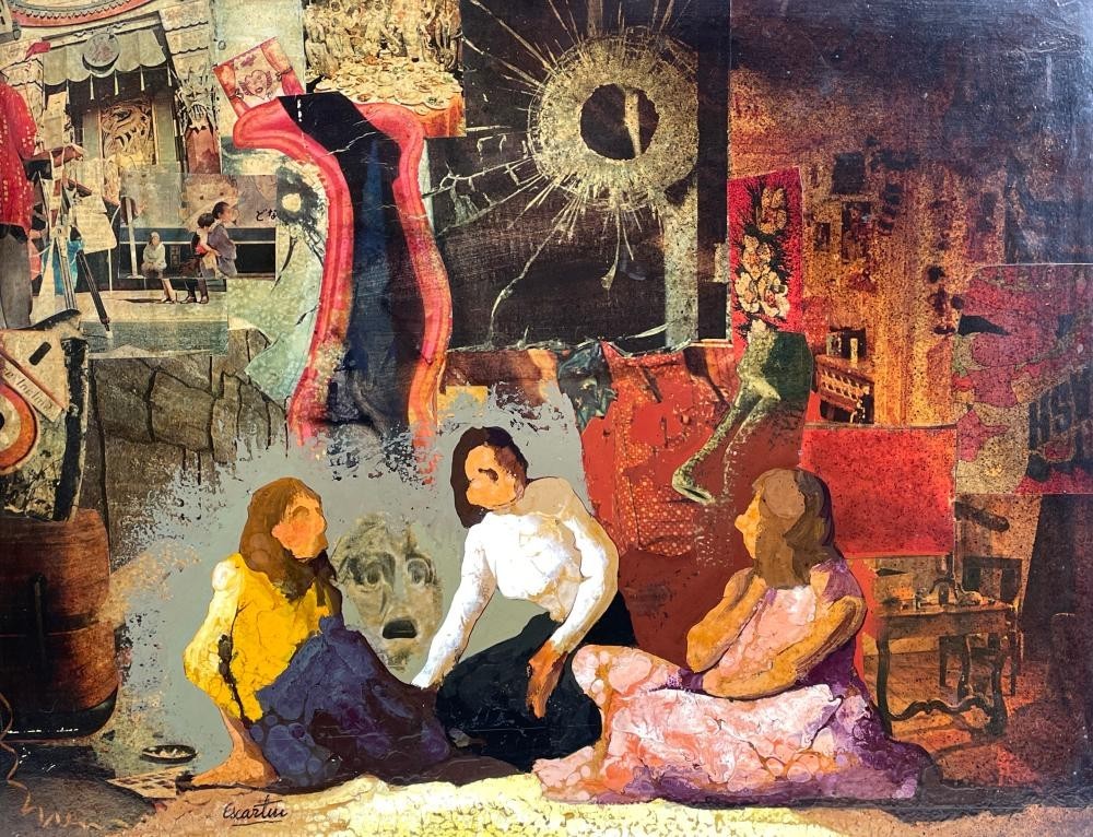 Andres Escartin Oil painting of Three talking Women, Framed and Signed collage
