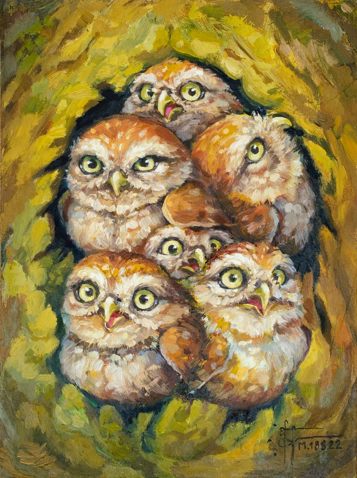 Original Cute Owlets Oil Painting, Small Birds Portrait Animals Impasto Wall Art
