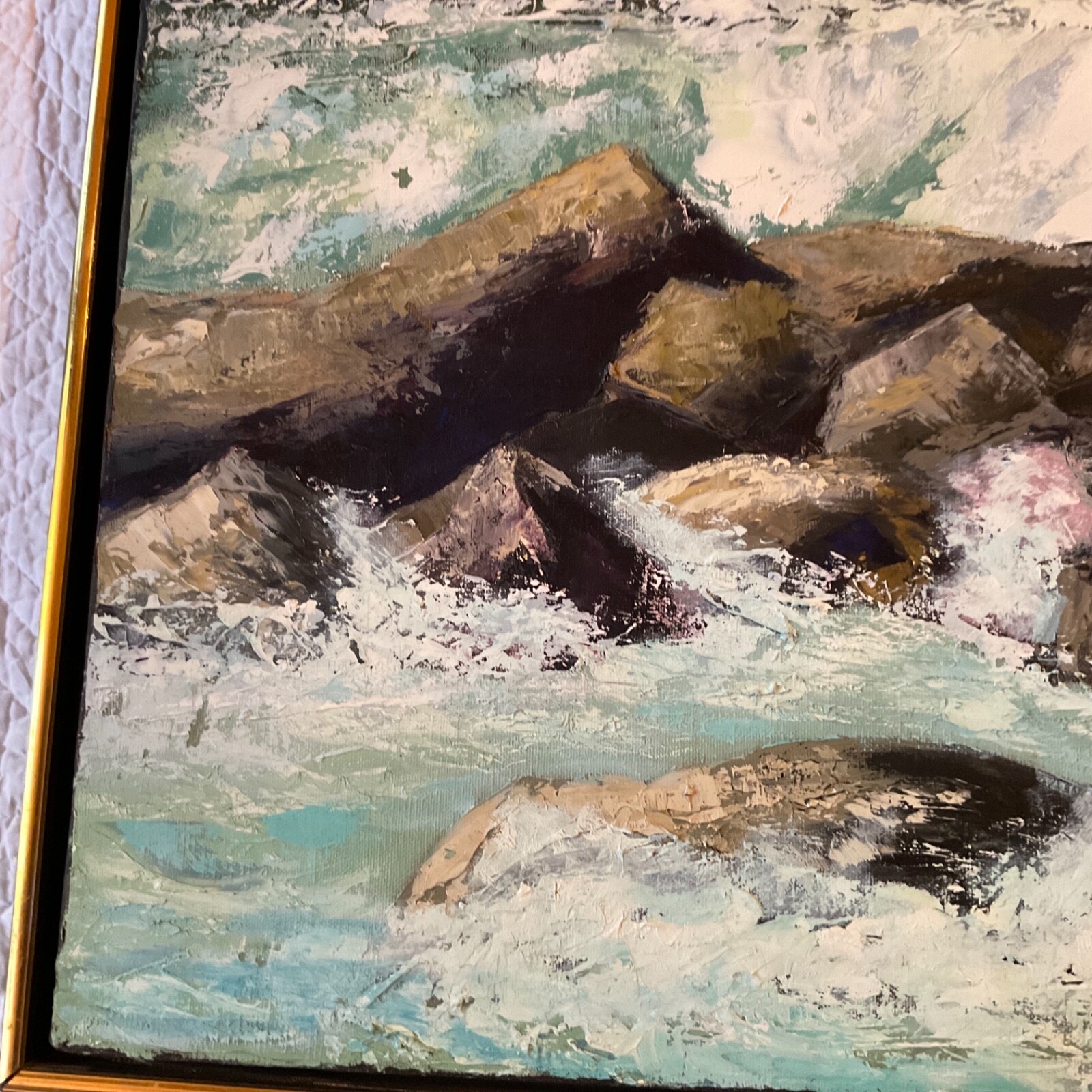 VINTAGE 70s abstract original hand painted oil PAINTING by Upton ocean teal blue