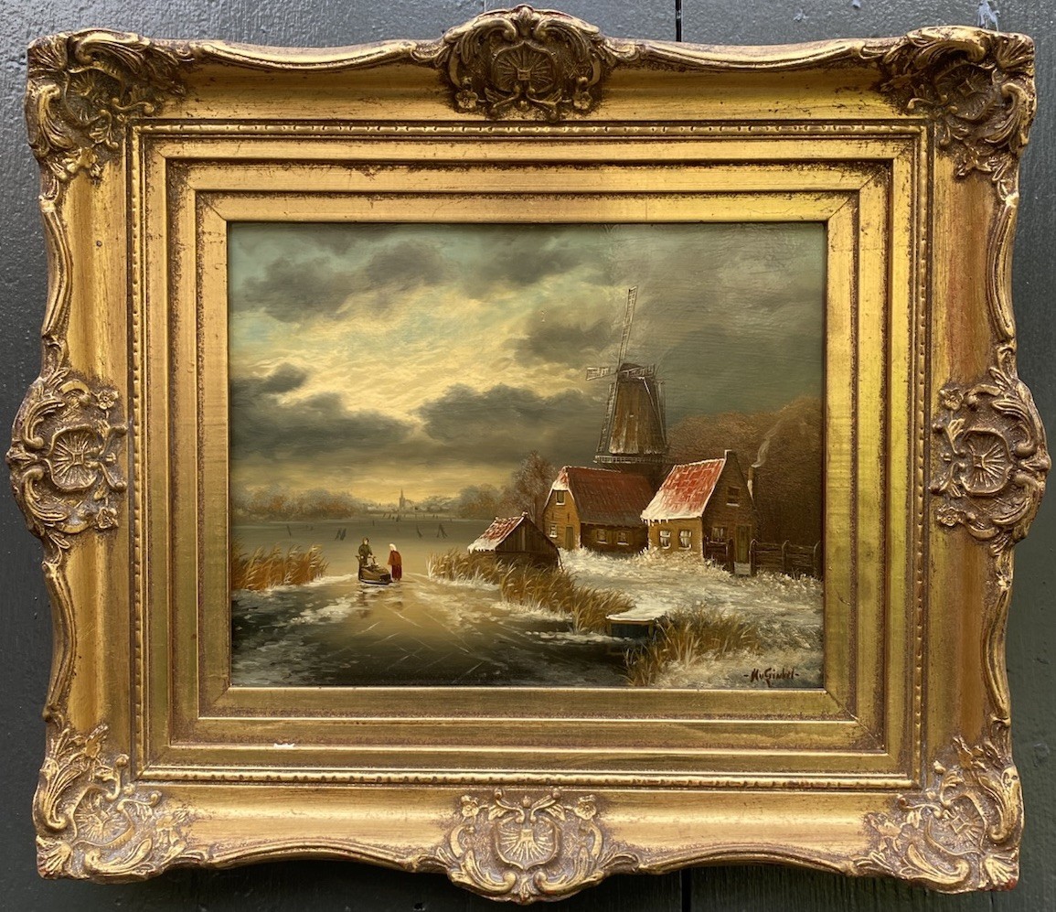 Vintage Dutch Winter Landscape Oil Painting Windmill Scene Gilt Frame Signed