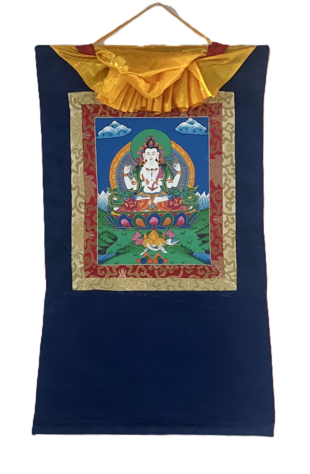 AVALOKITESHVARA/ CHENREZIG ORIGINAL TIBETAN THANGKA PAINTING WITH SILK BROCADE