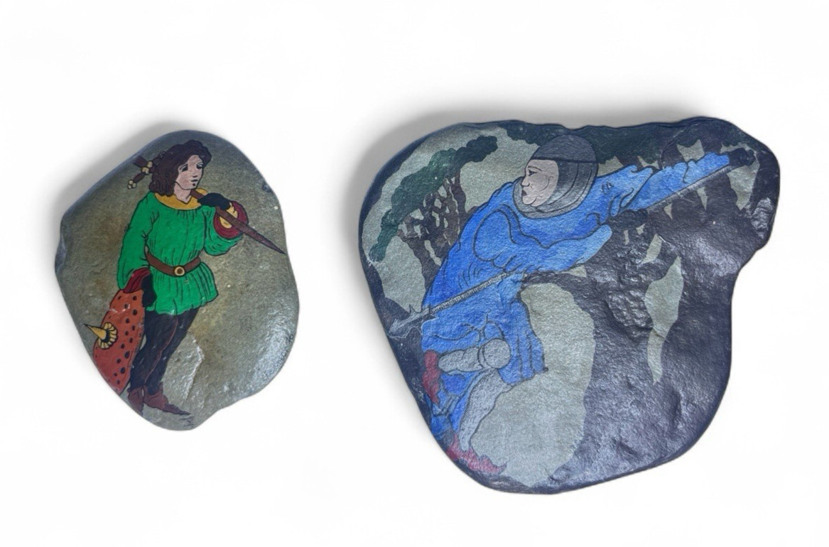 2x Painted Rocks St. George & Chevalier Signed 1976 Medieval Knight Art on stone