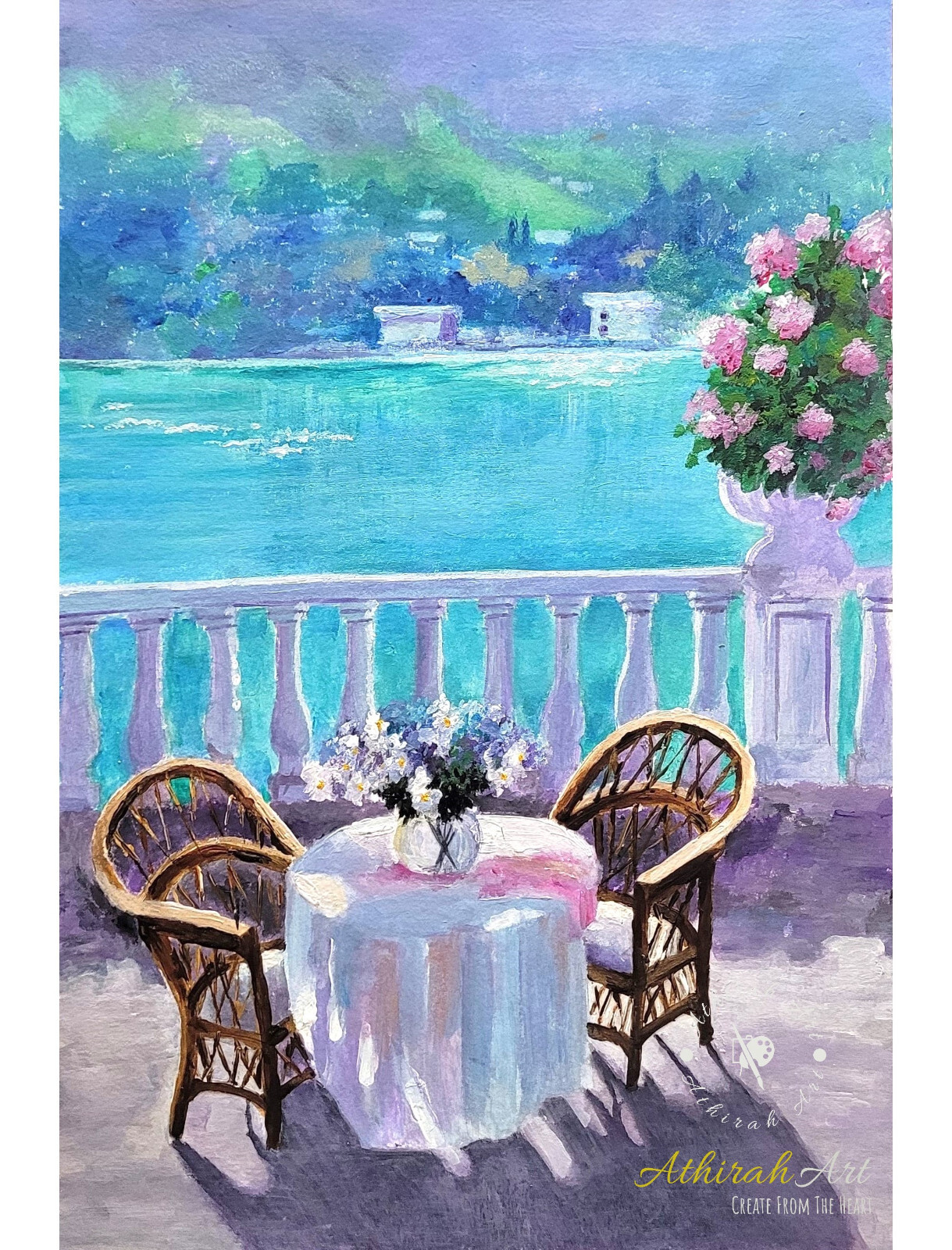 Lake Dining Table 2 Chairs Original Painting Watercolor Paper 7.5in x11.5in