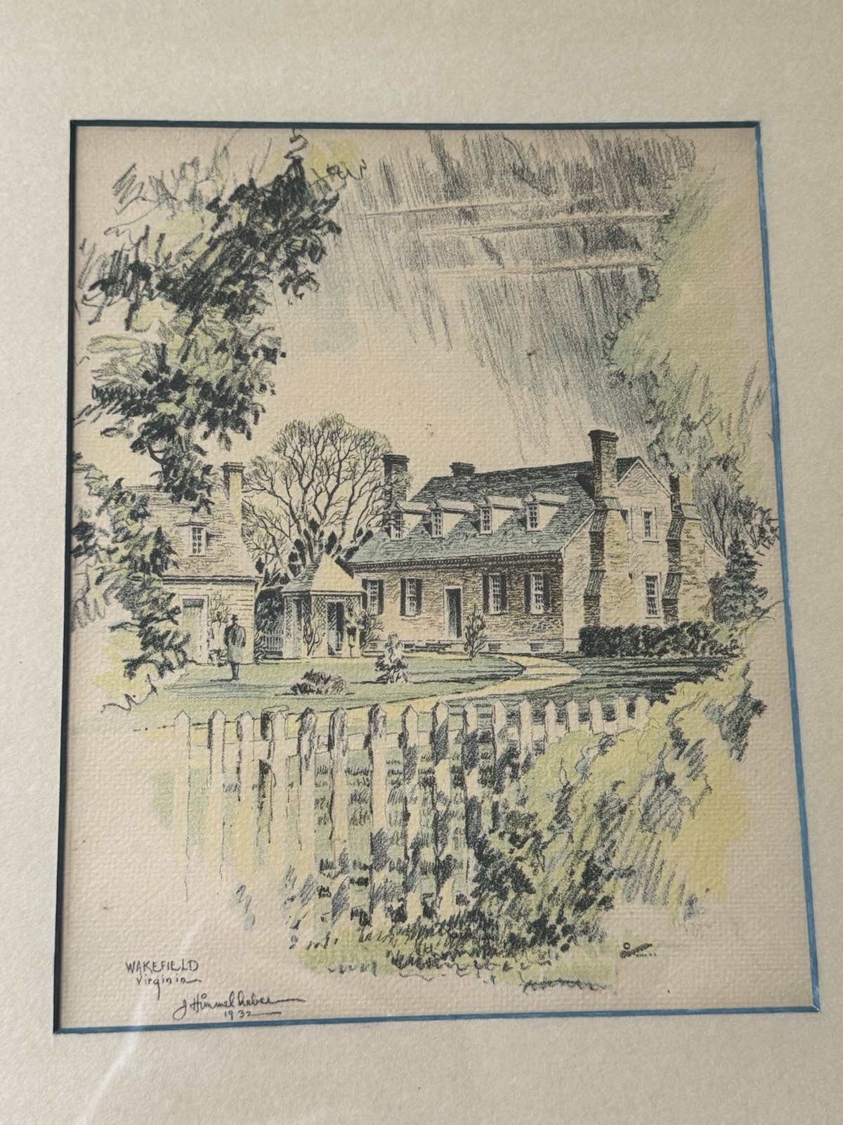 1932 Drawing Birthplace George Washington «Wakefield House» , Virginia. Signed