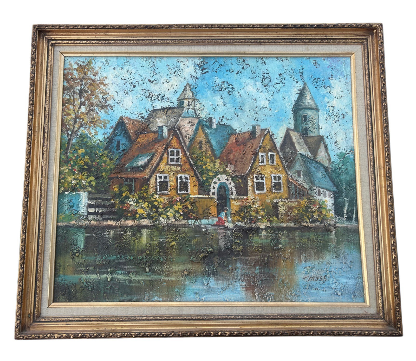 VTG Framed Oil Painting MOSS European House Cottage On Lake 28” x 24” Artwork