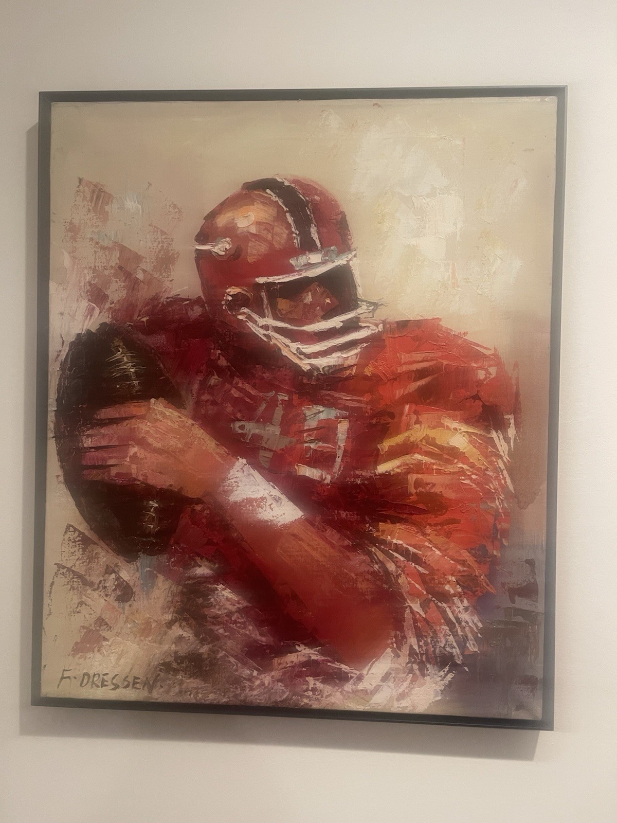 F. Dressen Impressionist Oil Painting Football Player Framed Canvas Art 24×20