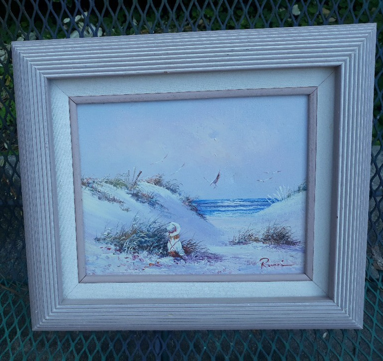 Beach Girl Dunes Ocean Artist Signed Oil Painting Canvas 15”x13” Frame READ