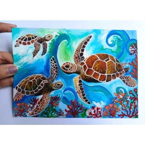 Original See Turtles Animals Nature Medium Art Hand Painting Acrylic NEW OOAK