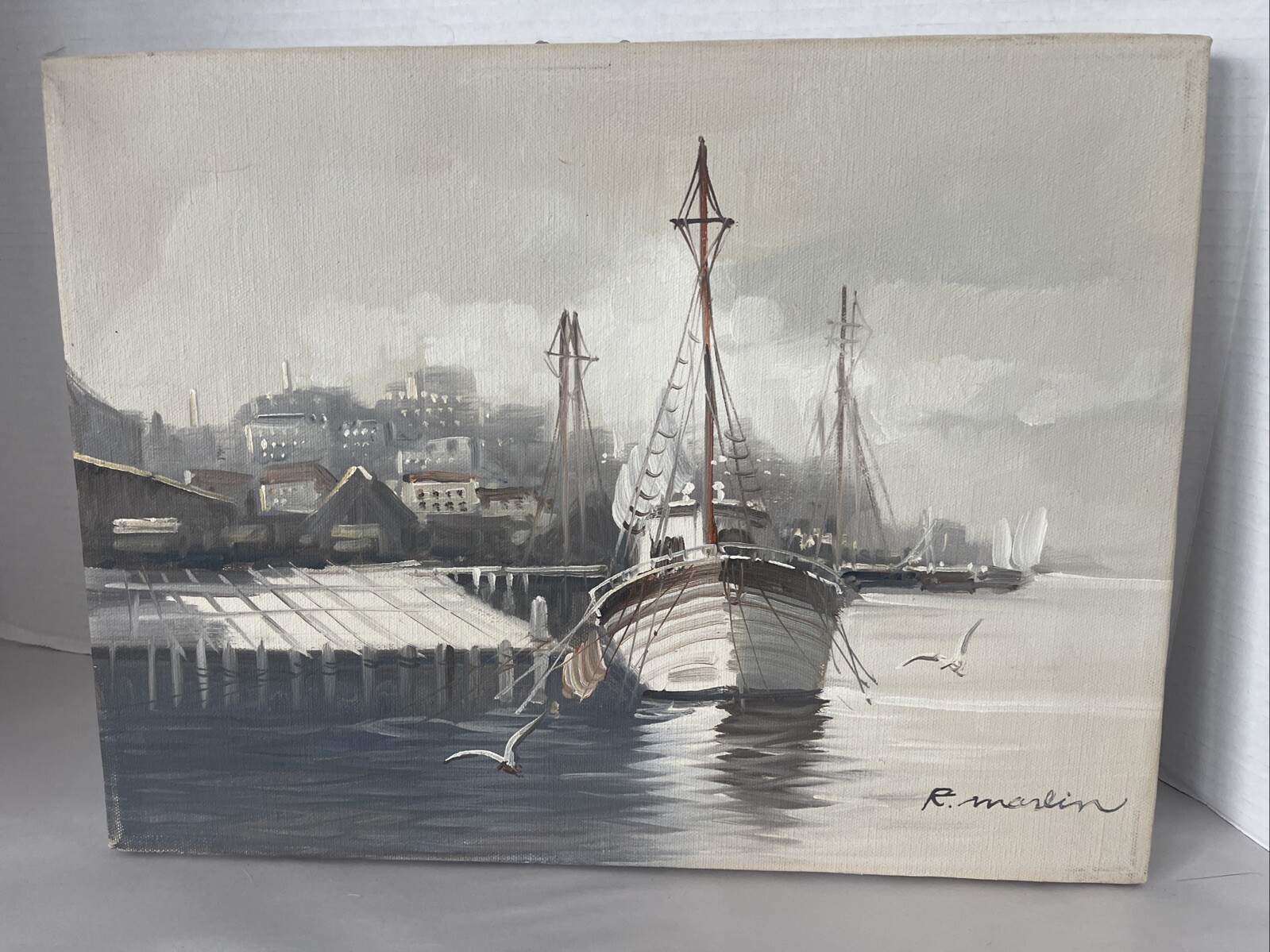 Fishing Boat Painting Nautical Pier Oil Canvas Original Signed R Marlin 16×12”