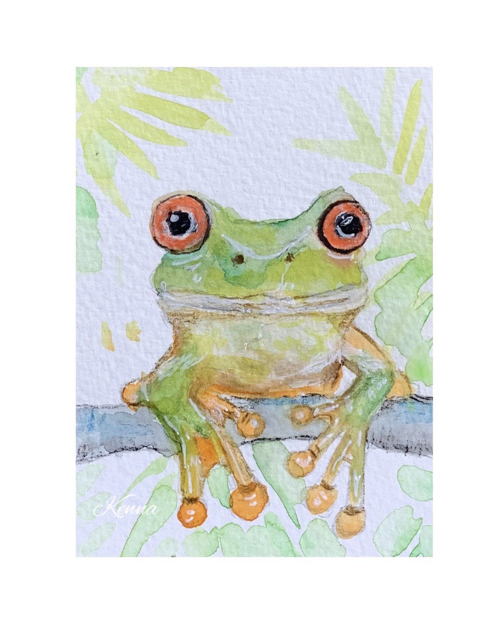 Aceo By Kenna Watercolour Painting Green Frog 2.5” X 3.5” Signed Original