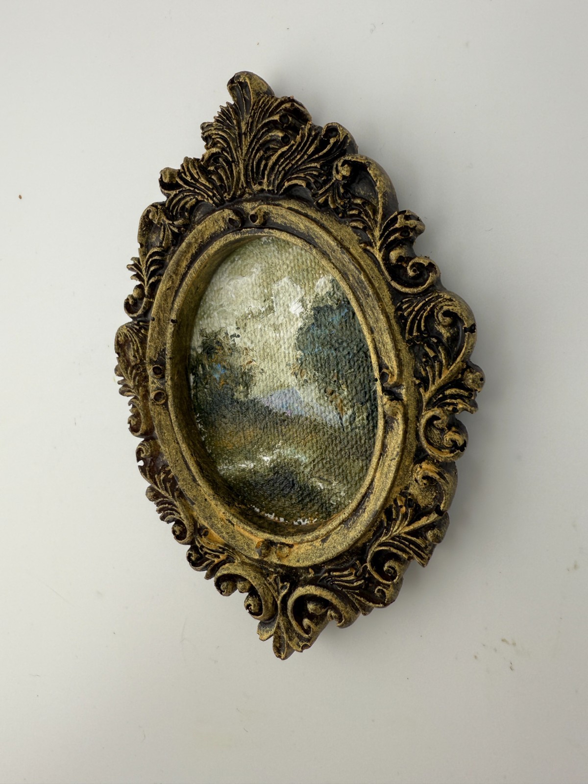ORIGINAL landscape mini painting in handmade vintage style ornate frame