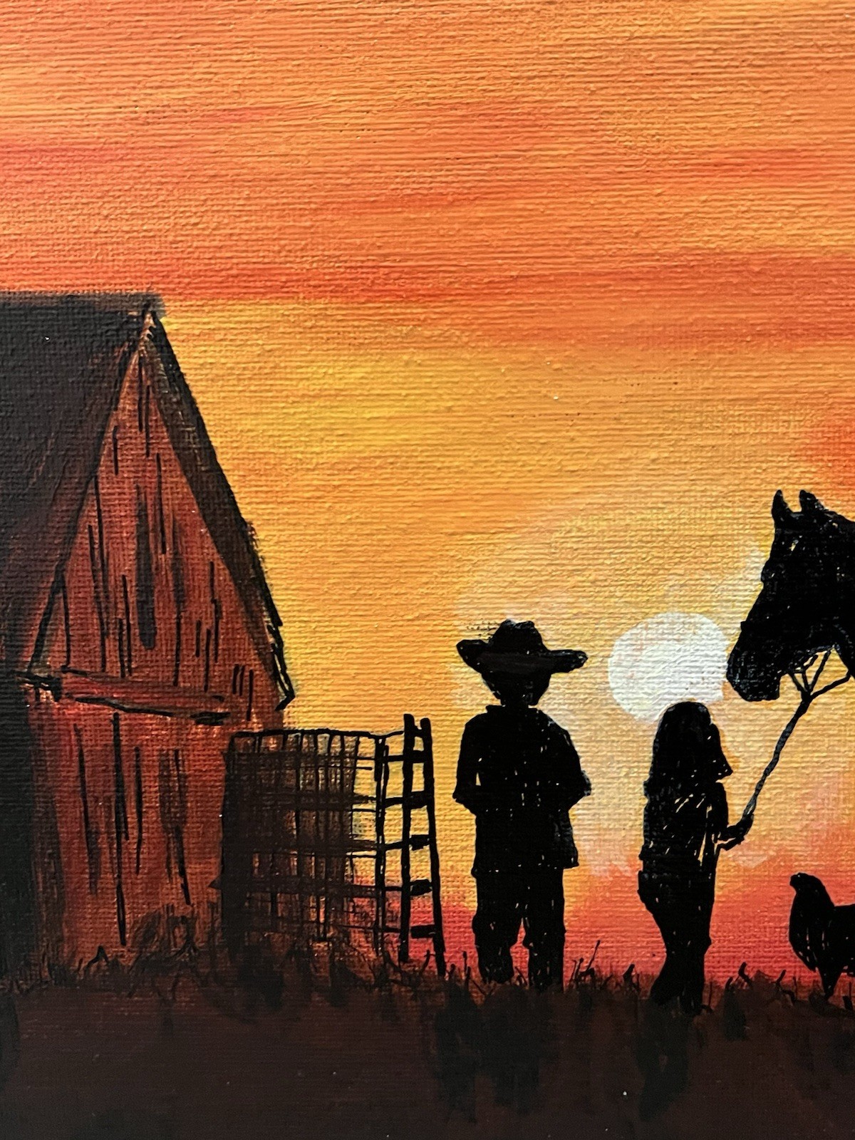 Original Cowboy Sunset Painting Acrylic Canvas Western Barn Silhouette Art 12×12