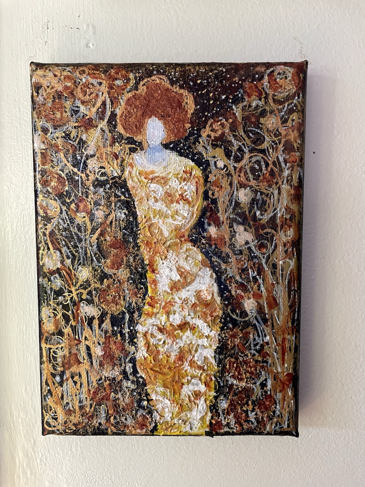 Original Painting Woman In Golden Dress Acrylic On Canvas 5×7 Direct From Artist