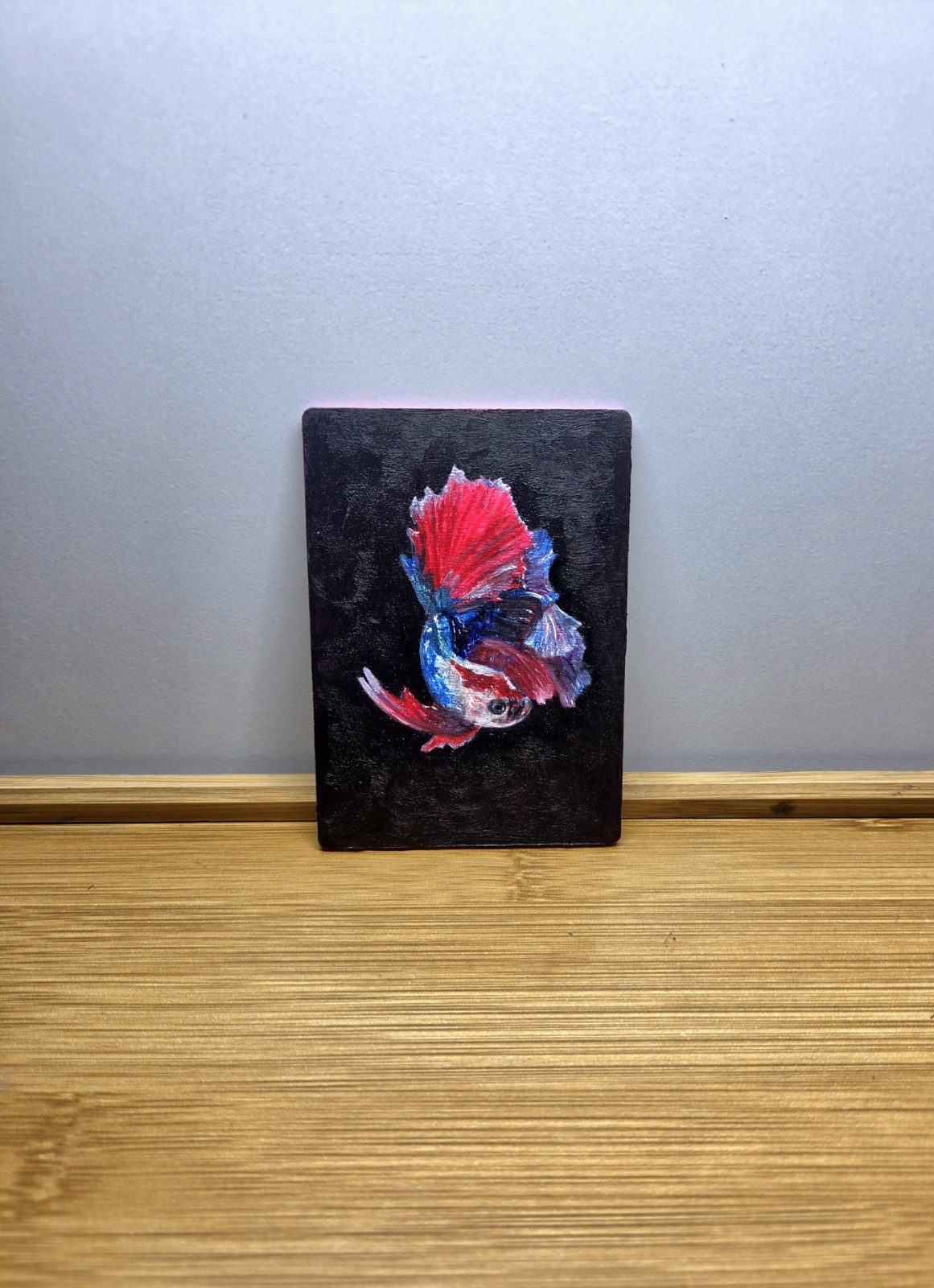 ACEO Original Fish Painting | Oil On Wood | Fighting Fish Blue Red White Signed