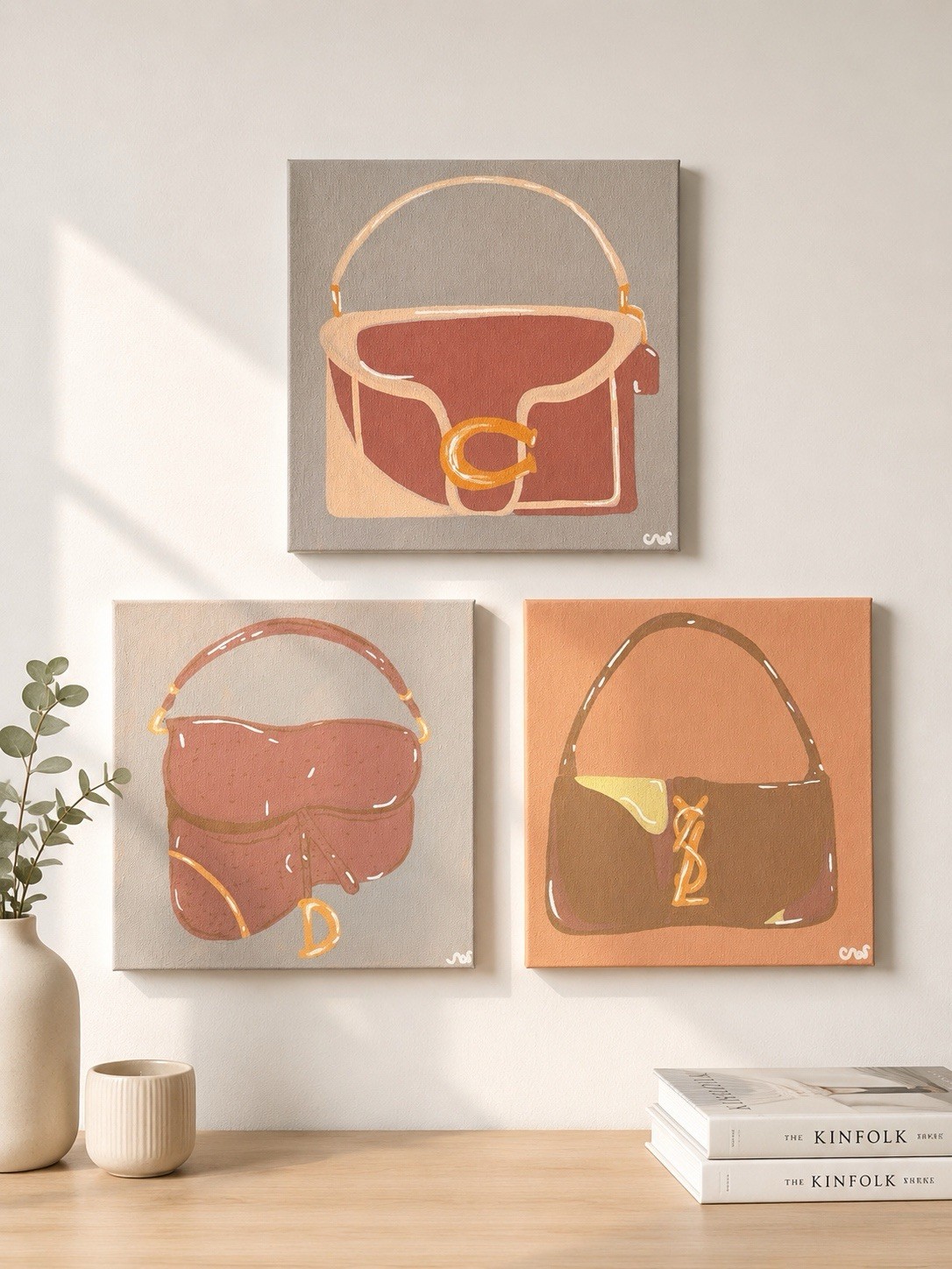 Set of 3 Signed Hand-Painted Handbag Fashion Canvas Paintings Unframed
