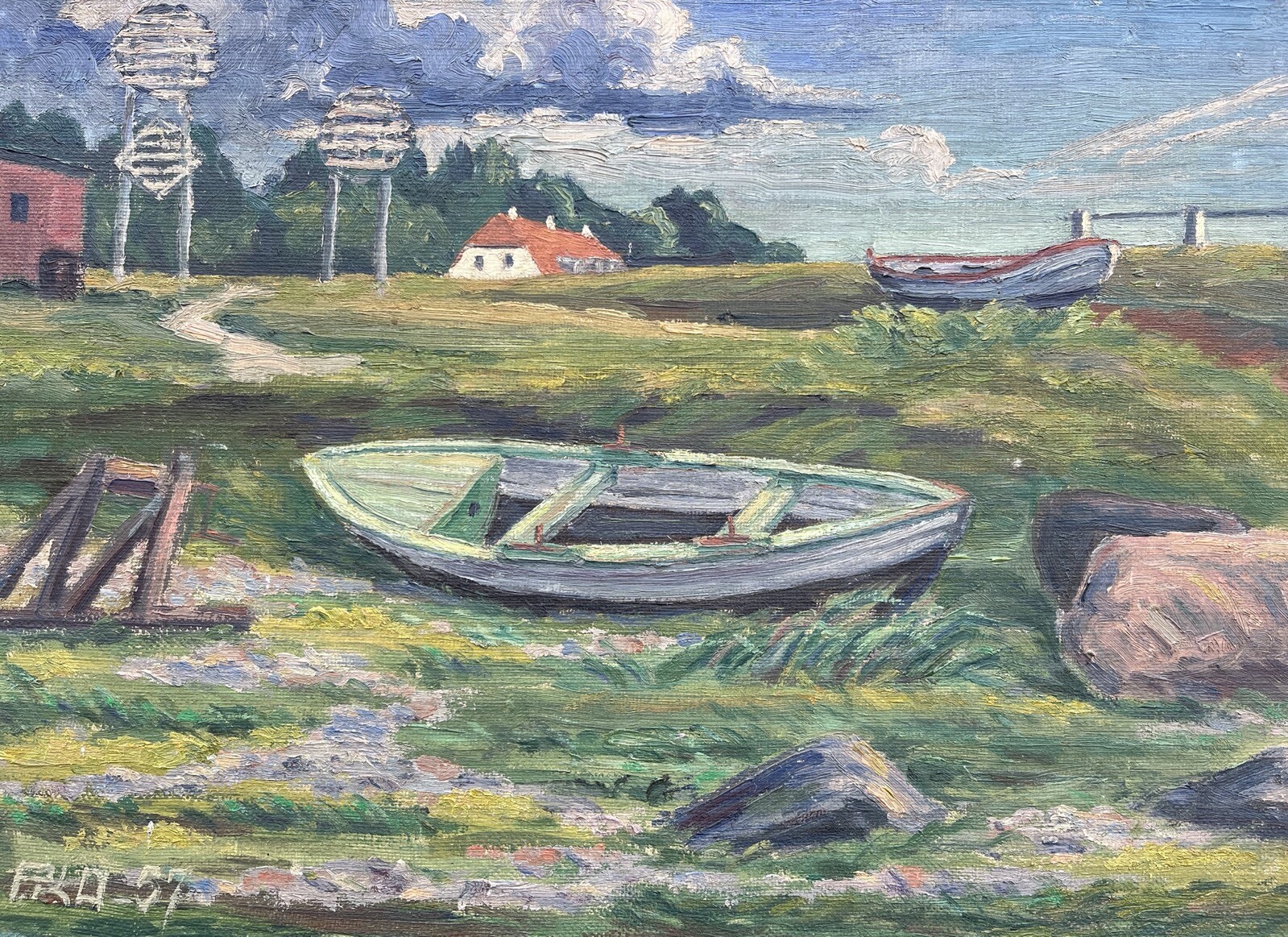Impressionist Danish Coastal Landscape Boats At Shore Fishing Village Summer Day