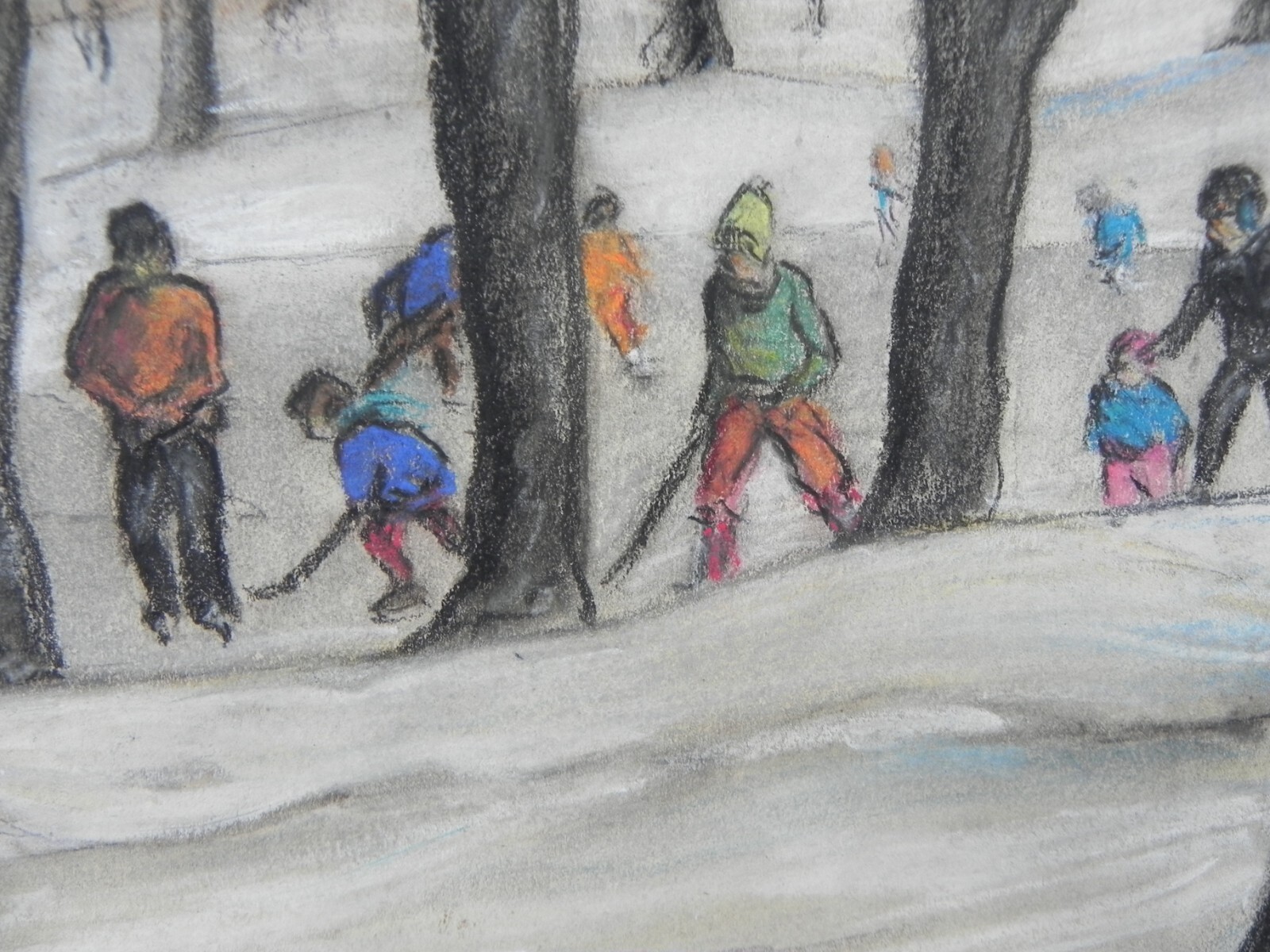 Pastel painting 1965 hockey players on the ice in a park setting signed Garelik