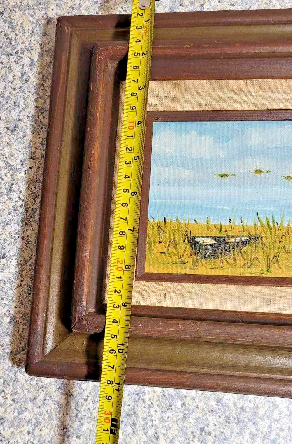 Vintage Mexican Oil Painting Coastal Landscape Ducks Mid-Century Wood Frame
