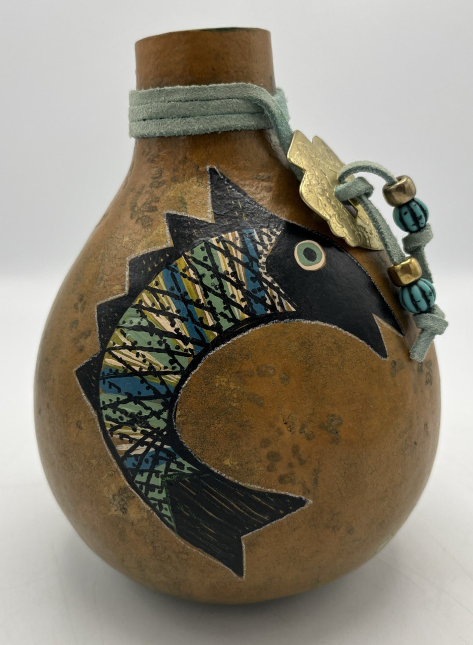 Vintage Southwest Carved Gourd Art Hand Painted Fish Signed Chesq 7″ Tall