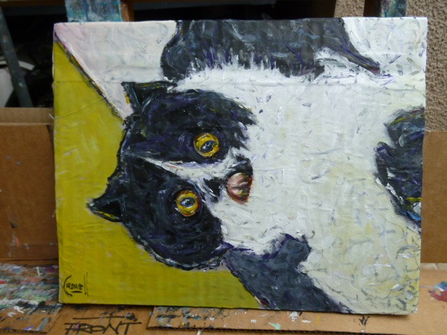 SCARE DEE CAT house pet funny original 8×10 card panel oil painting by Crowell