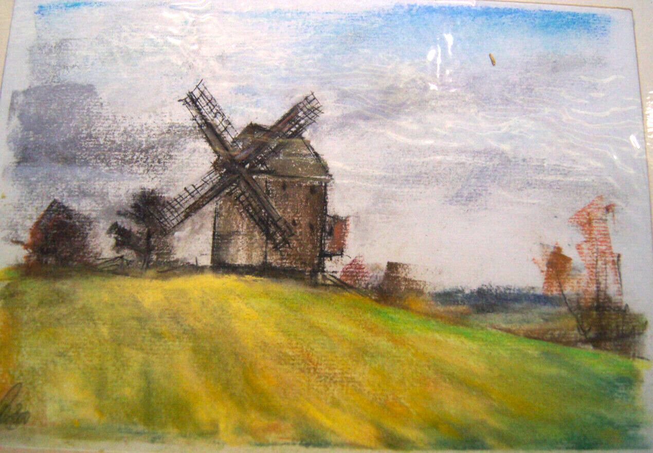 Franz Ehmke *1928-2018 Berlin Pastel Mill on Field Landscape in Schwante