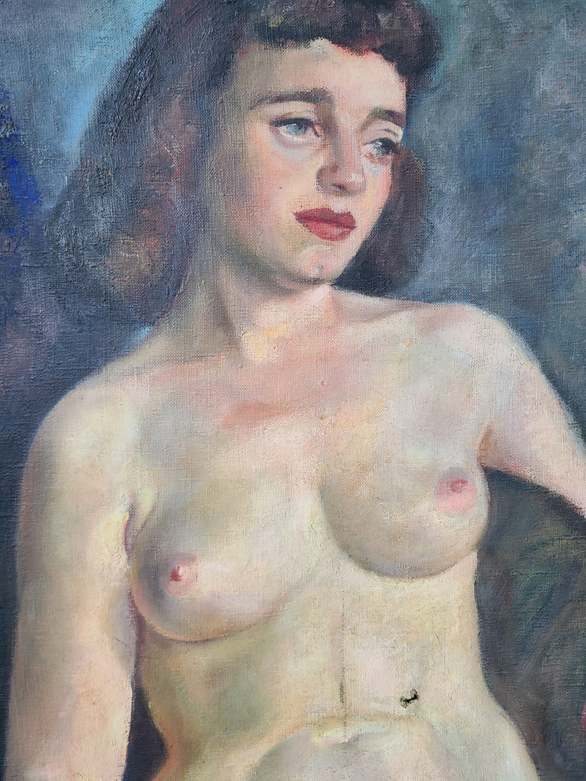 Moody Vintage 1950’s Oil Painting Nude Portrait of a Bettie Page Esque Woman