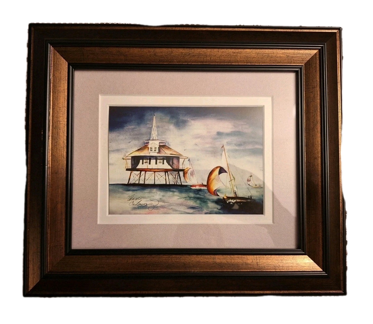 Original Watercolor Painting Matted Framed Signed 13×12 Lighthouse And Boat