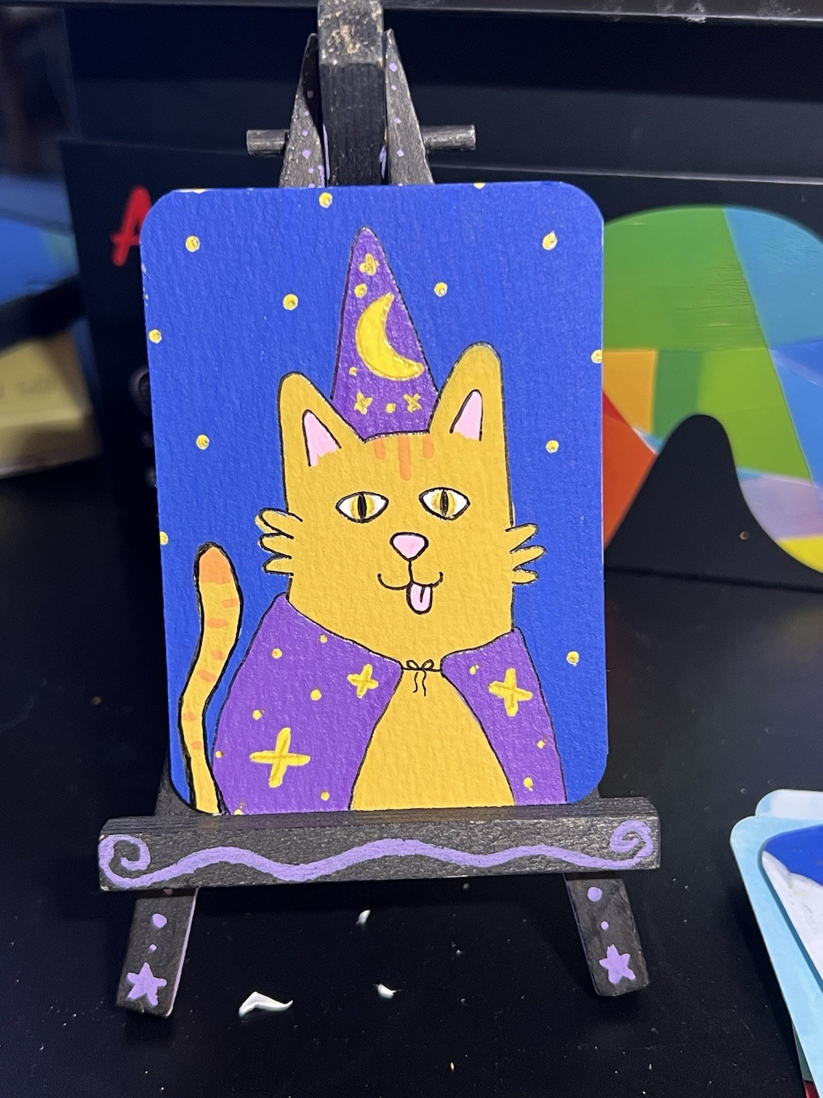 ACEO Original Acrylic Painting by Sillylilshop MDR Art Card Wizard Kitty