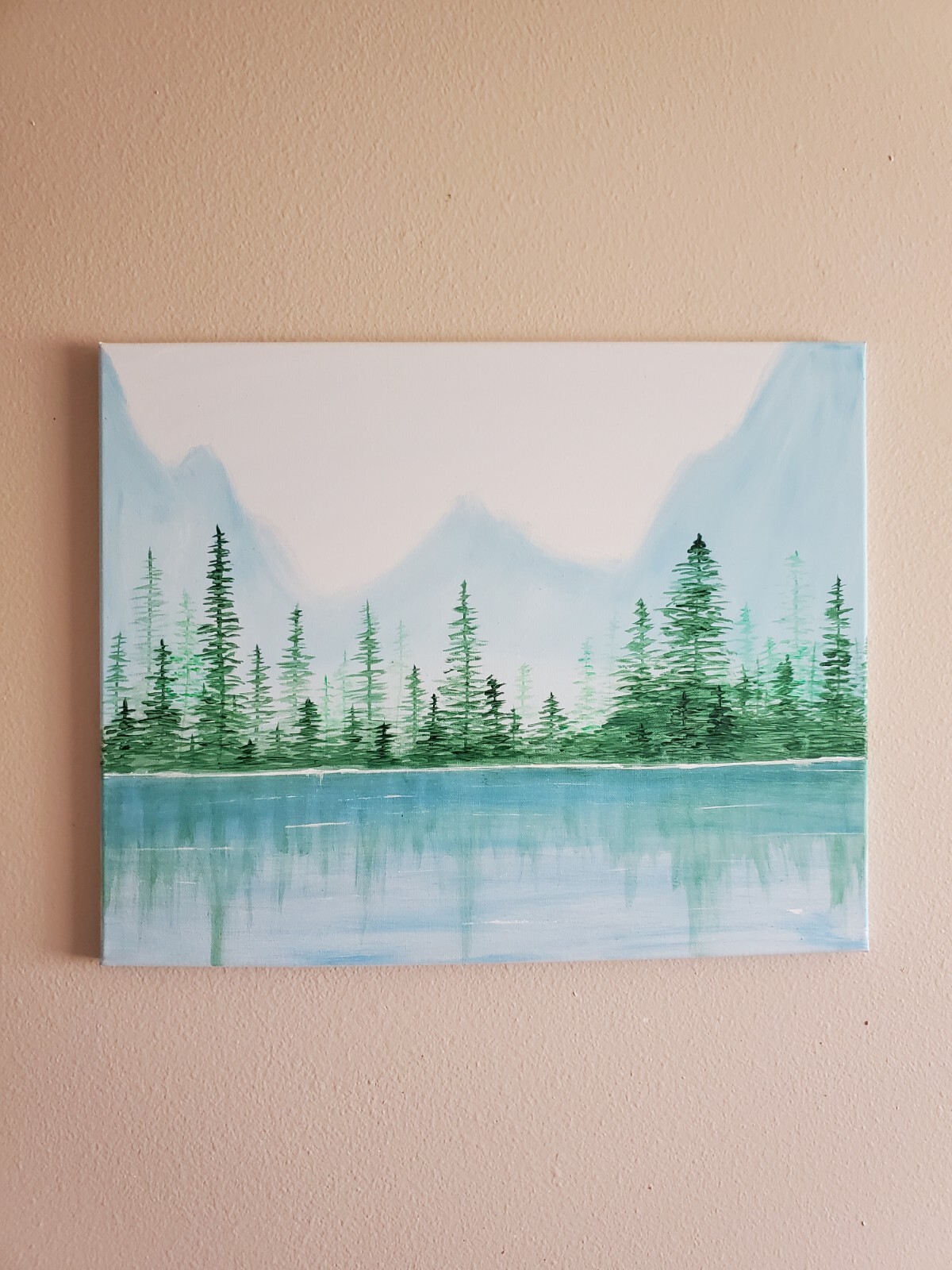 Handmade Acrylic Painting Wooden Frame 16×20 Art Decor Mountains Forest Fog Lake