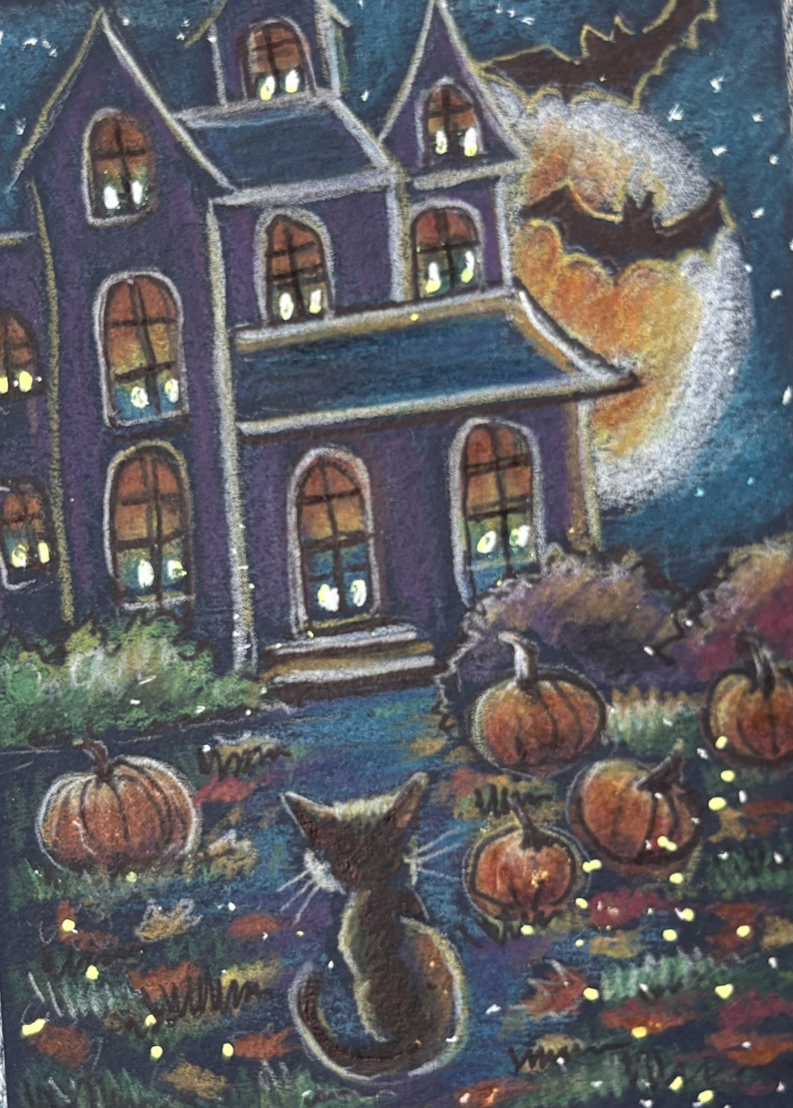 ACEO ORIG. HALLOWEEN AUTUMN HAUNTED HOUSE BATS MOON SPIRIT BLACK KITTEN CAT