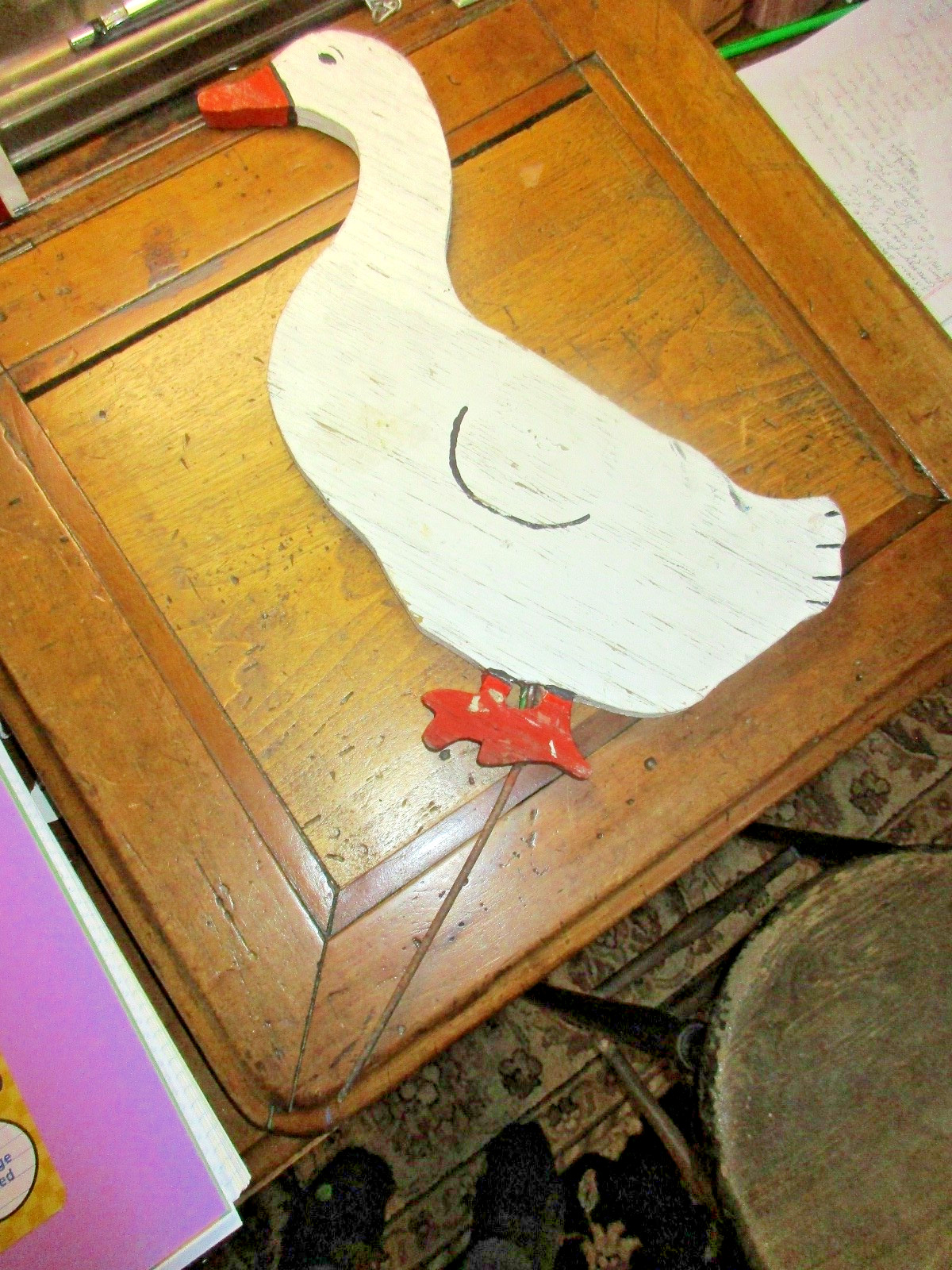 2 SIDED PAINTED WOOD «GOOSE» FOLK ART LAWN ORNAMENT NICE PAINTED SURFACE c1950