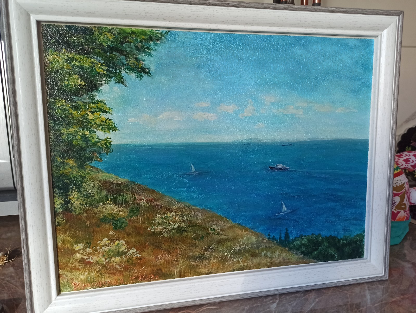 Original Gouache Painting View from Mount Canvas Cardboard 30x40cm Signed Framed