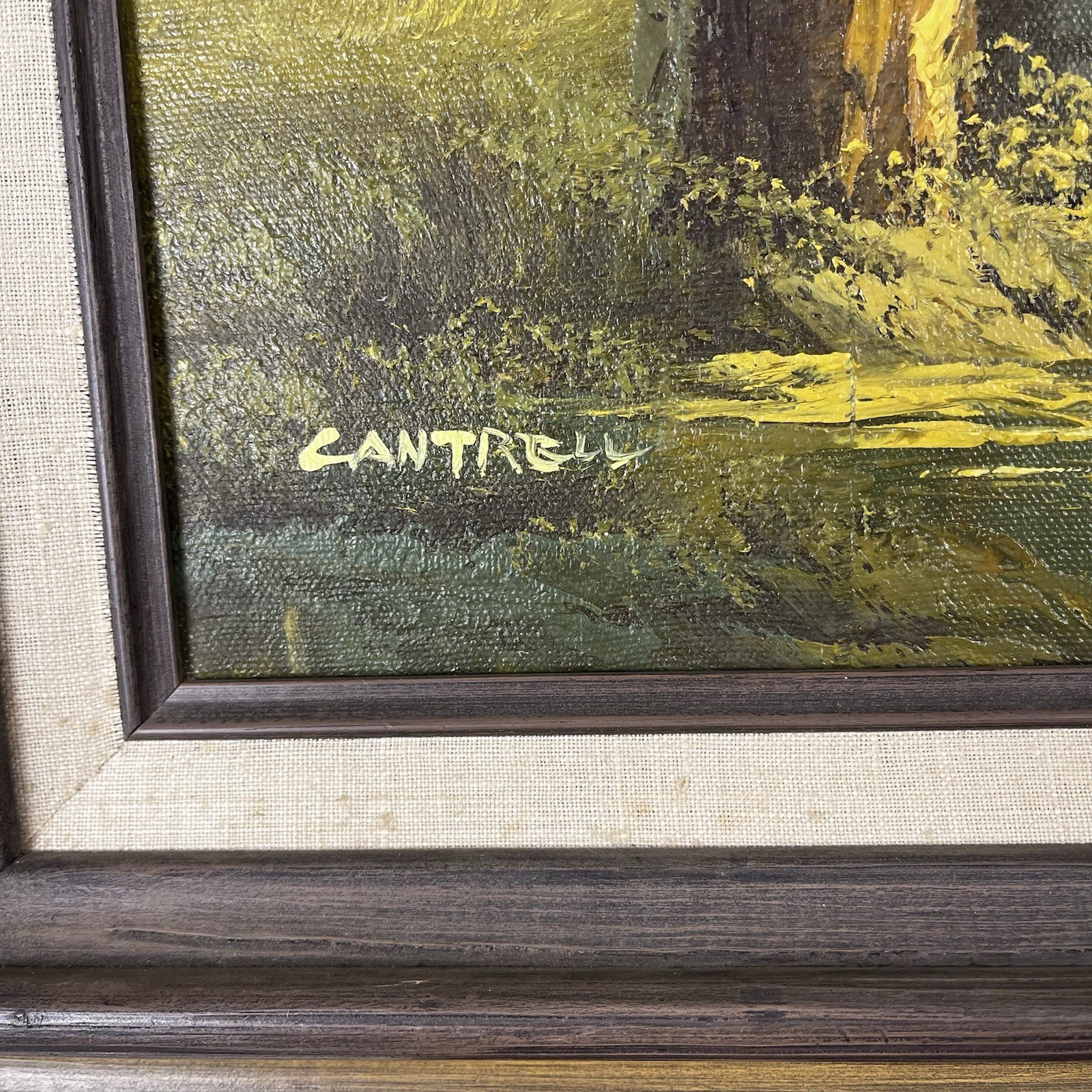 Phillip Cantrell SIGNED Landscape Trees Stream OIL Painting Framed 18×22 Vintage