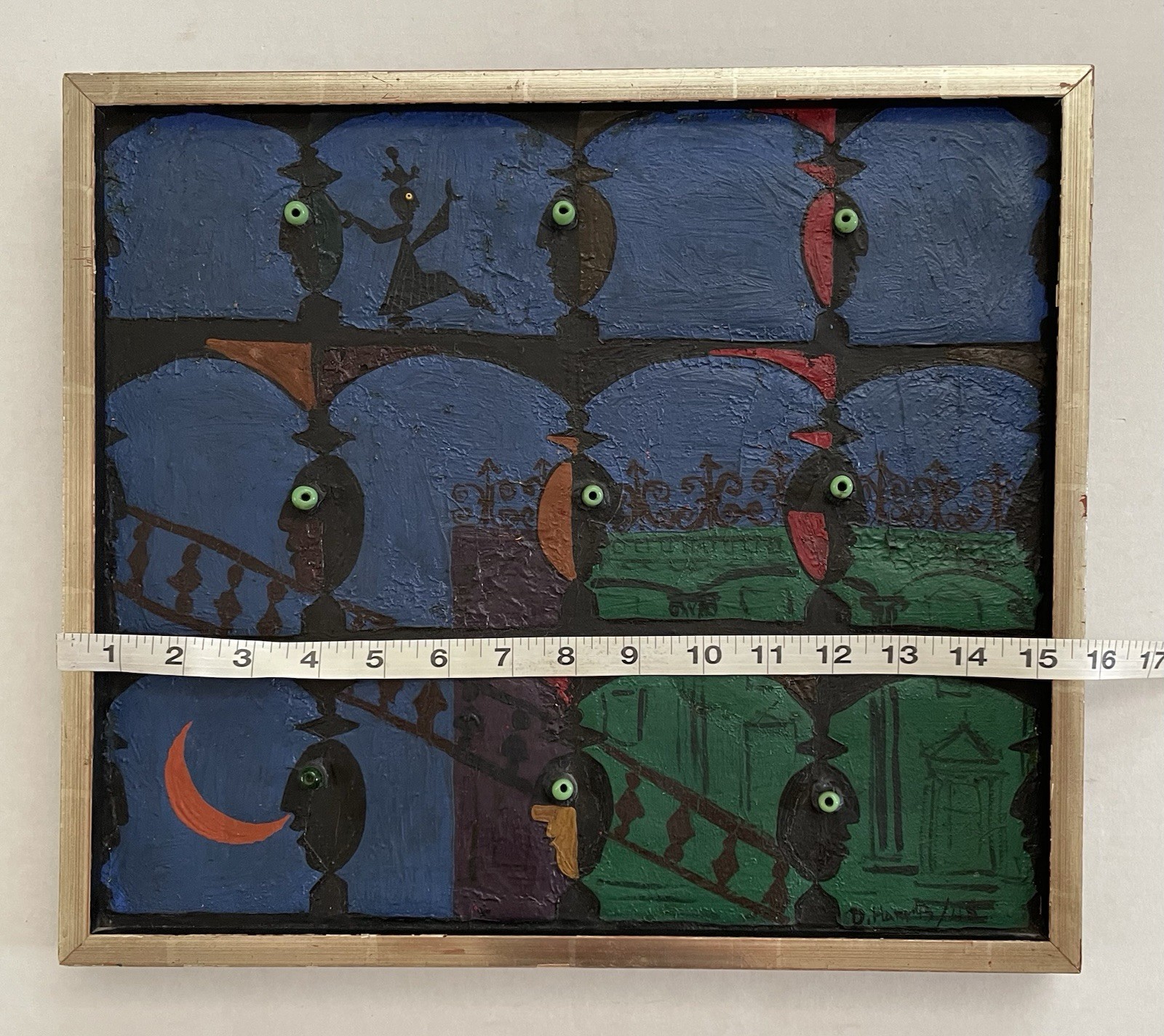 Vintage City Scape Iron & Dark Masked Figures Painting 1948 D Harris