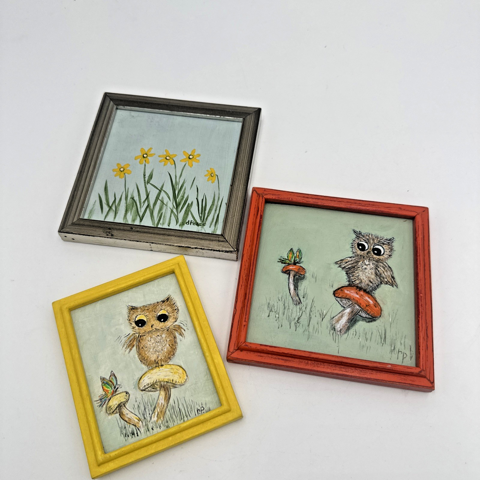 Lot Of 3 Vintage MCM Hand Painted Mushroom Owl Theme Mini Framed Art