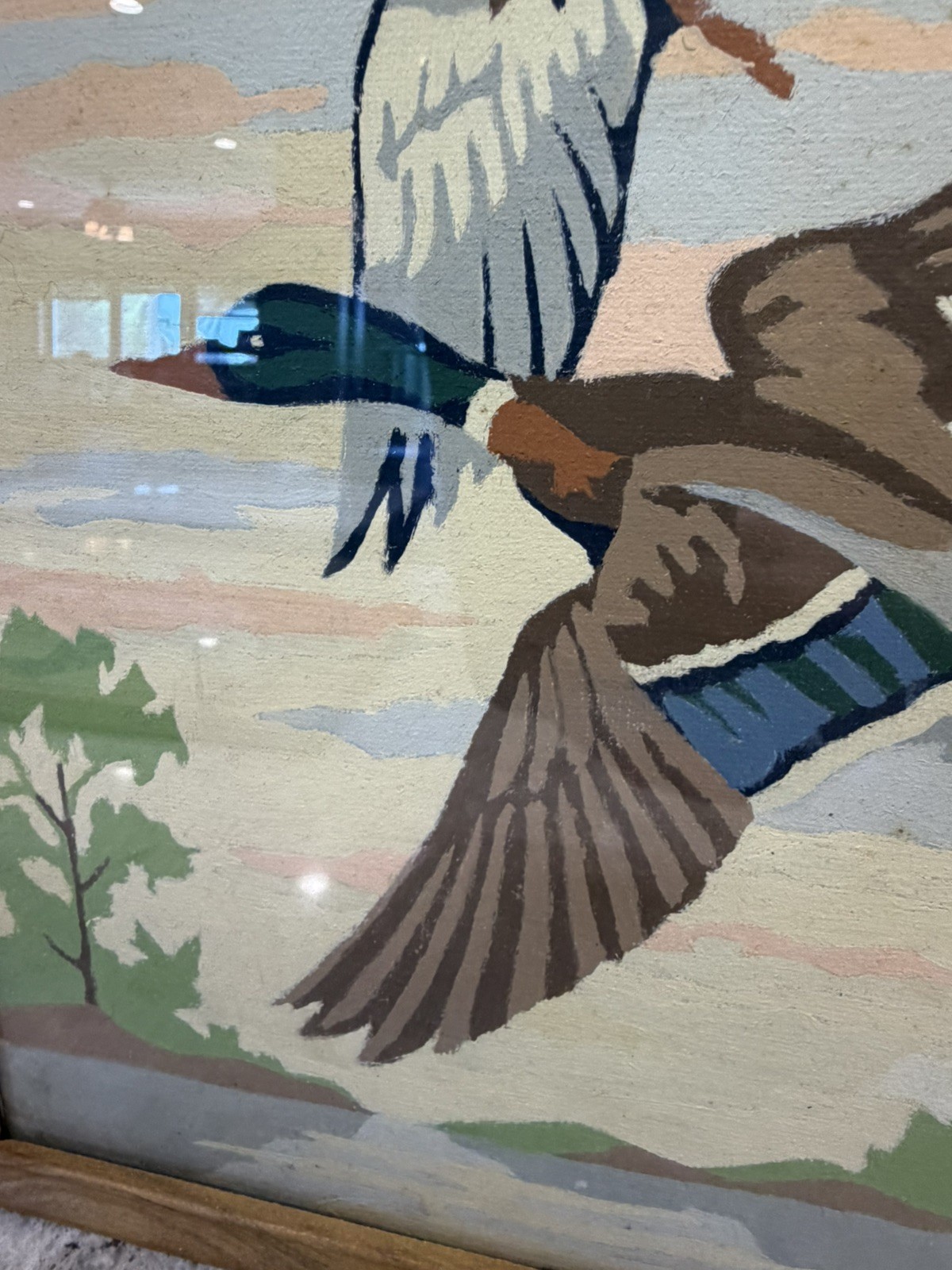 Mallards Ducks In Flight, Vintage, Wooden Framed Art Painting, Paint By Number.