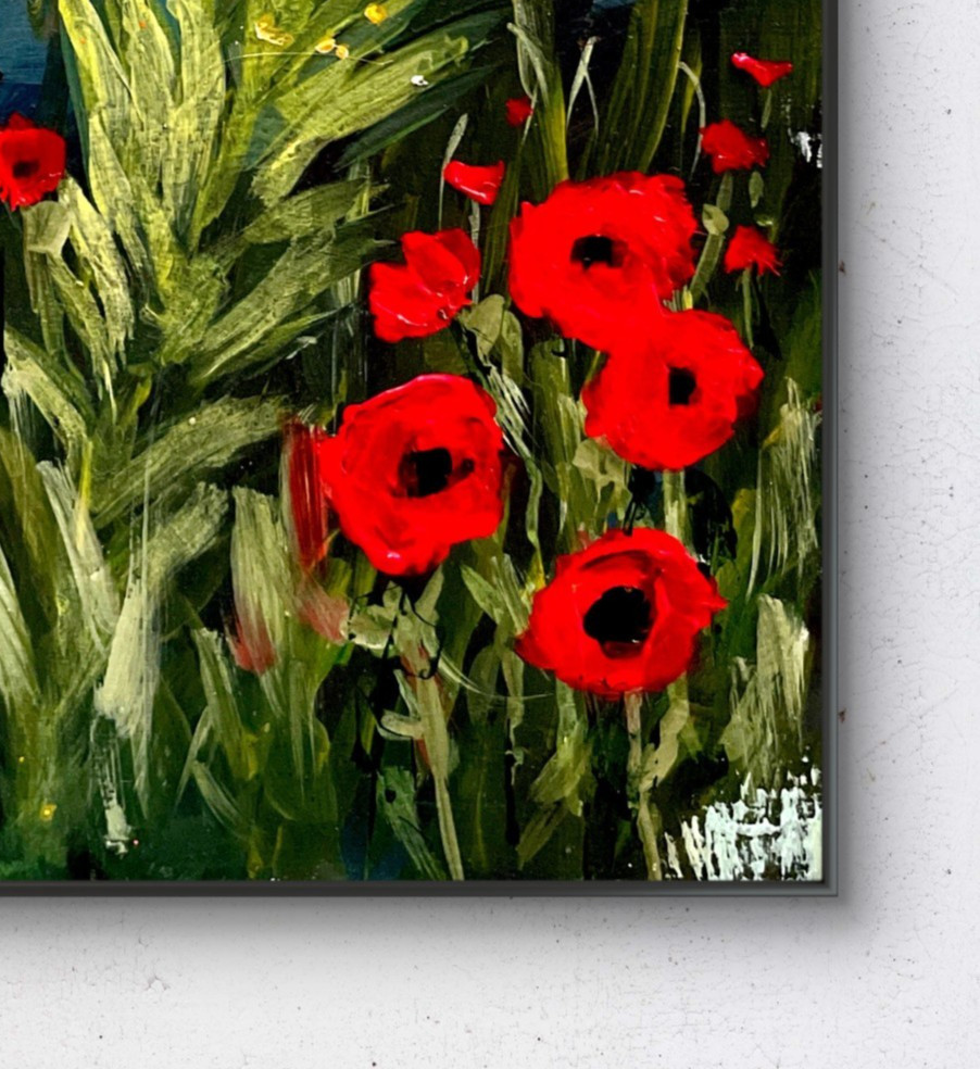 Red Poppy Meadow Textured Painting Original Hand Painted on wood cradled panel