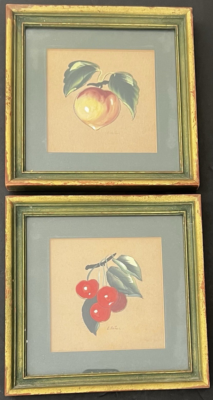 Vintage Framed Fruit Watercolor Paintings Signed E Arthur Peach Cherries Set 2