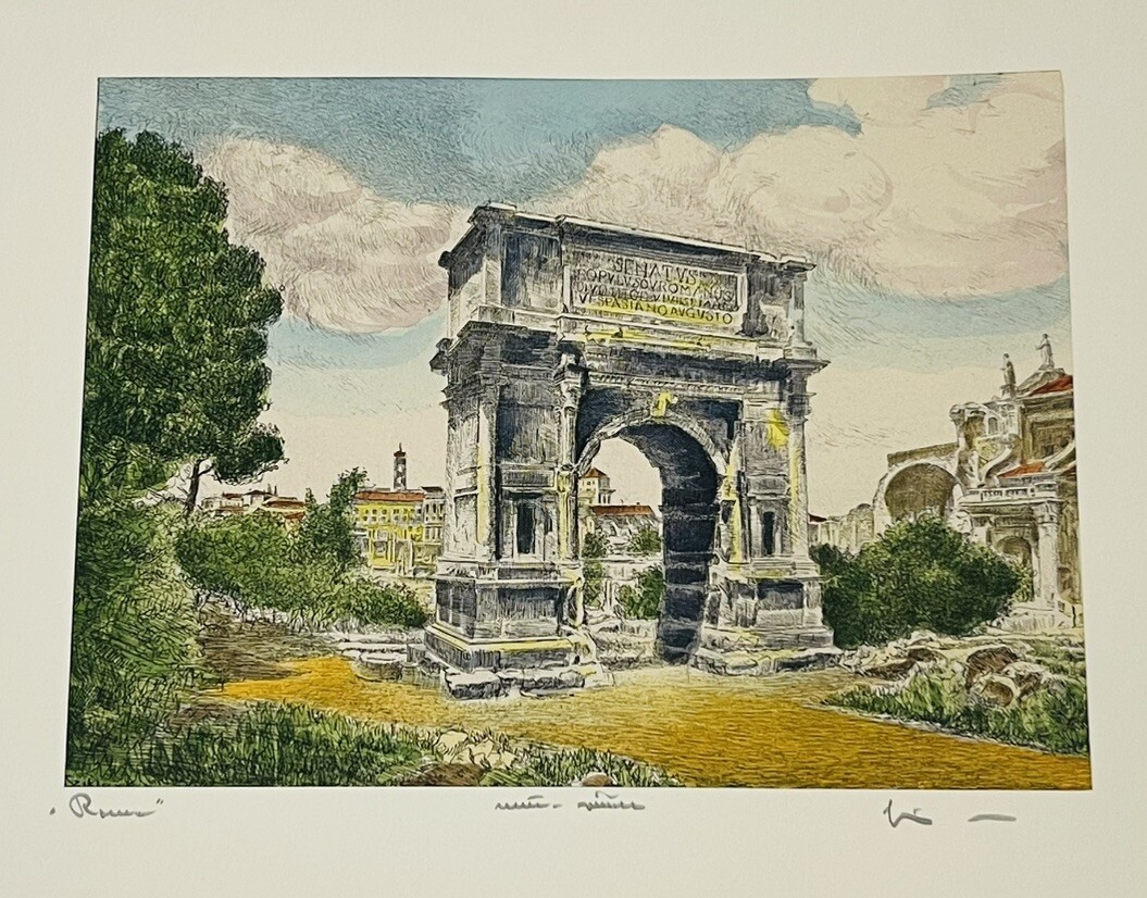 ARCH OF TITUS, ROME BELA SZIKLAY SIGNED HAND-COLORED ETCHING HUNGARIAN ARTIST