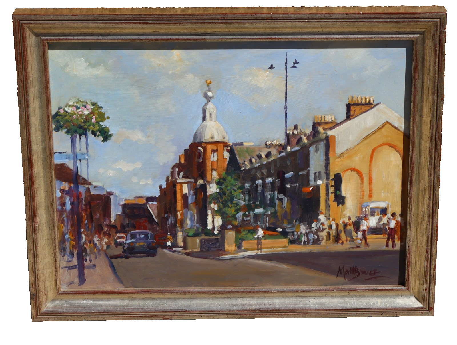 MATT BRUCE (British 1915-2000) City Scene w Figures, Cars & Church oil painting