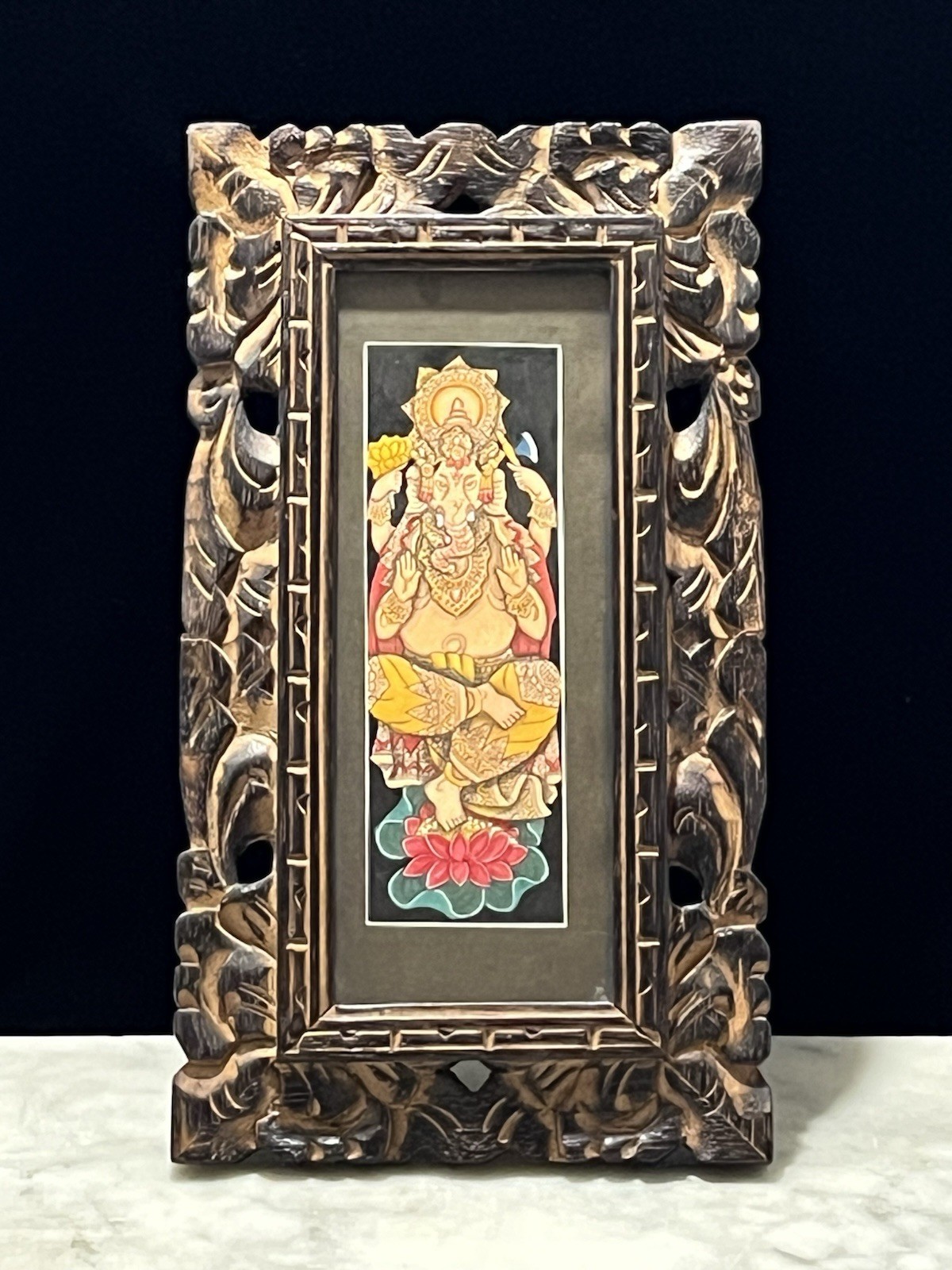 Ganapati Ganesha Water Color Art Hindu Religious Art Carved Wood Frame 13”x 7”