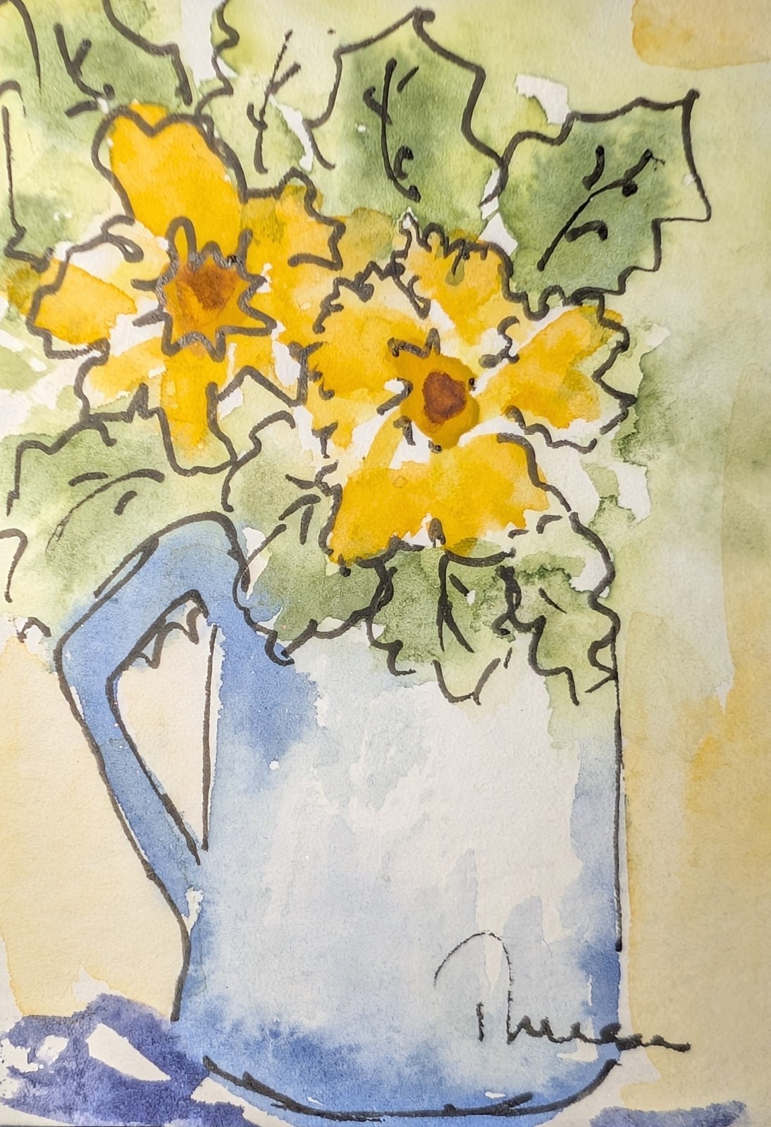 Yellow Flowers in Blue Pitcher – Original art Unmatted ACEO or ATC watercolor