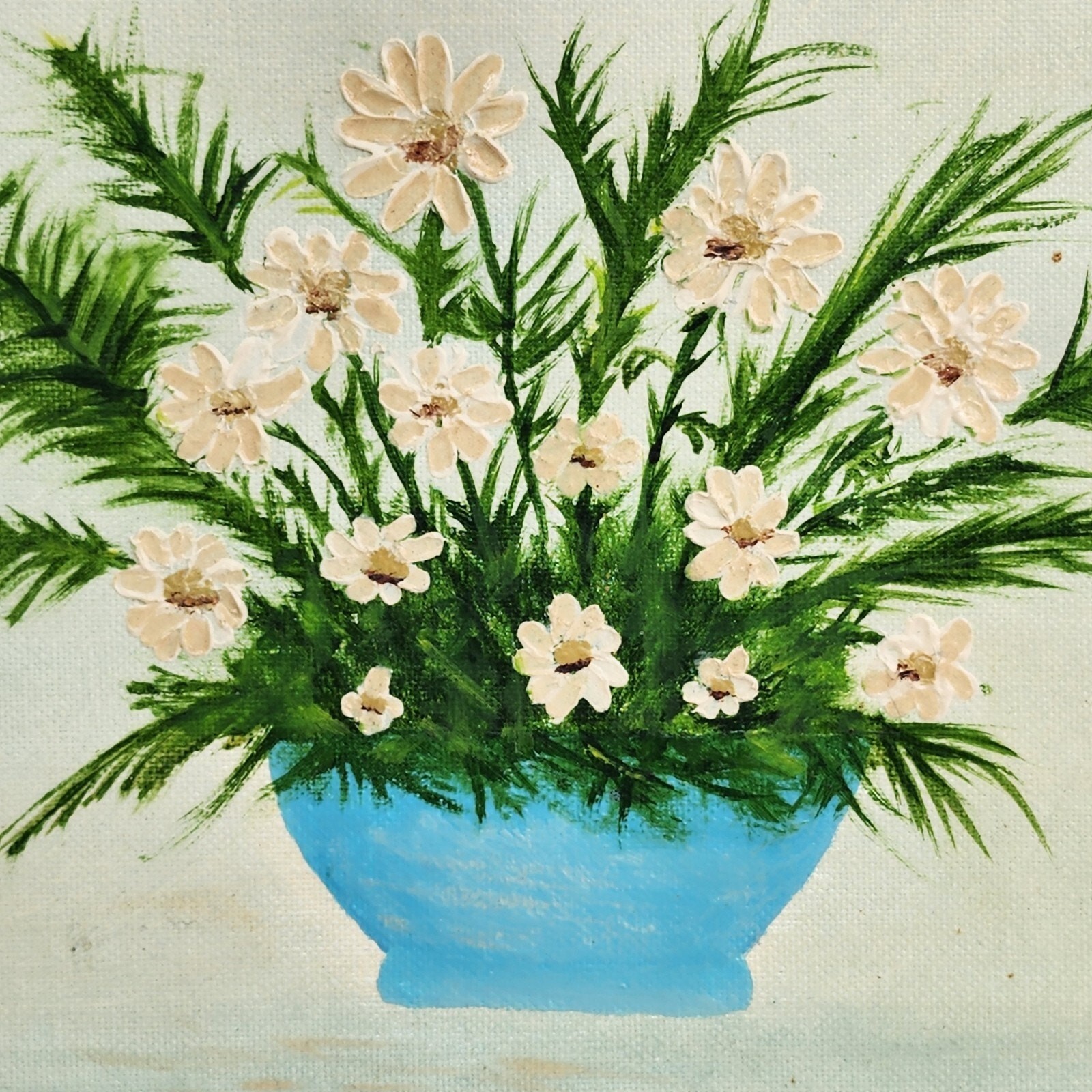 Original Oil Acrylic Painting Green Floral Flowers White Daisy Shabby 14×11 Fram