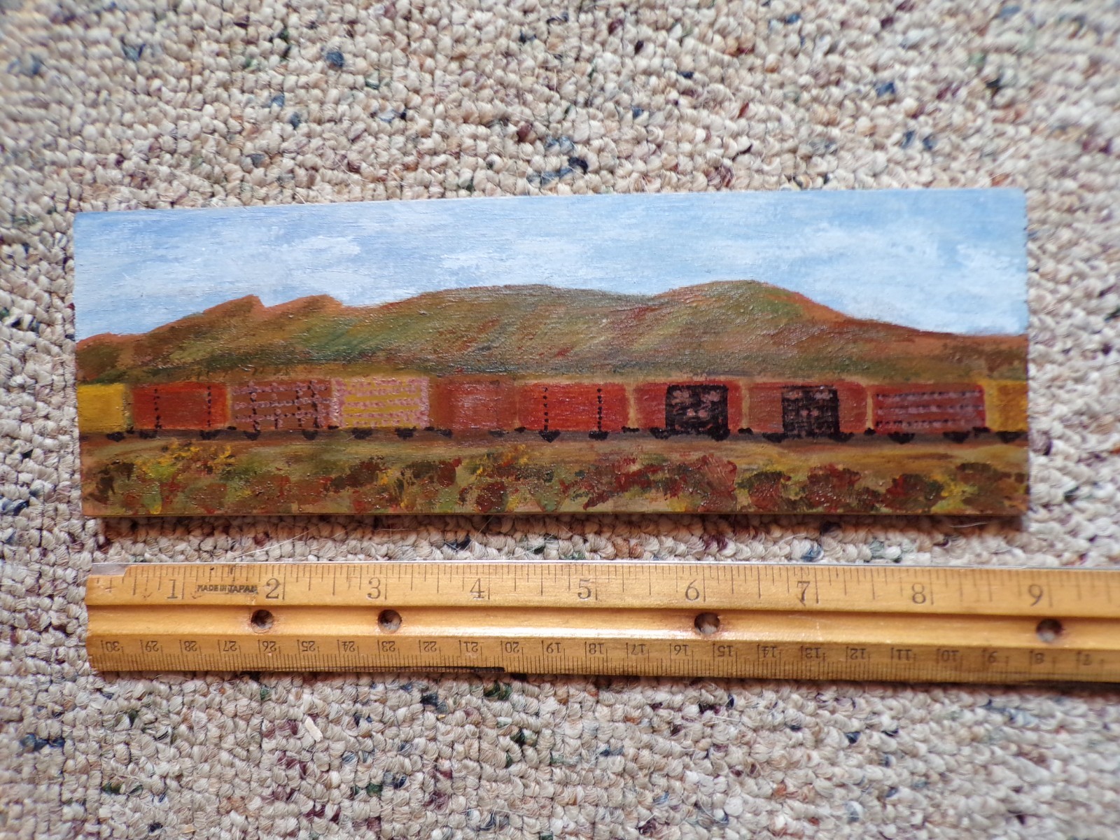 Desert Train Painting Original Art Acrylic on Wood One of a Kind 3 x 9
