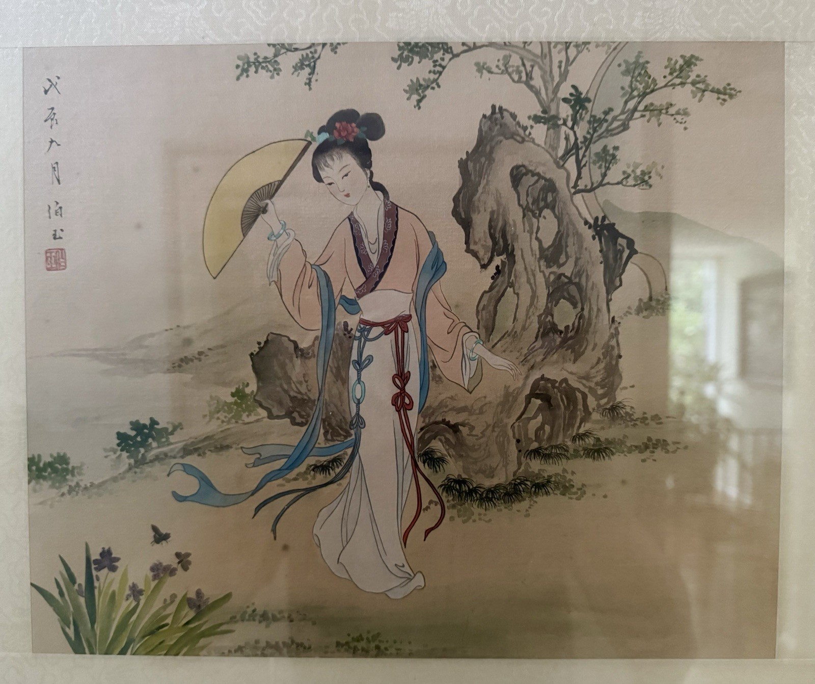 Antique LEE TINGHUA (20th C., China) Signed Ladies In Garden Framed Painting