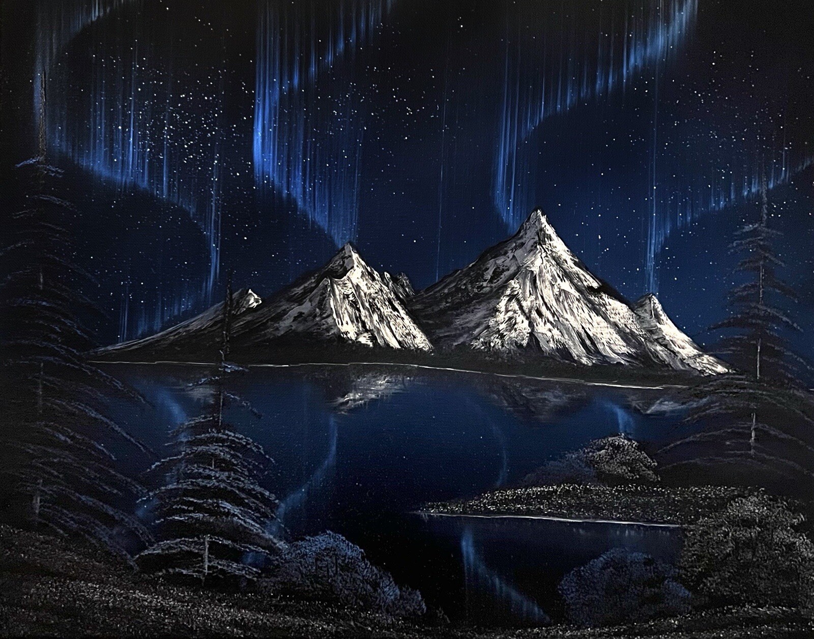 Blue Northern Lights Oil Painting On Canvas 16x20in