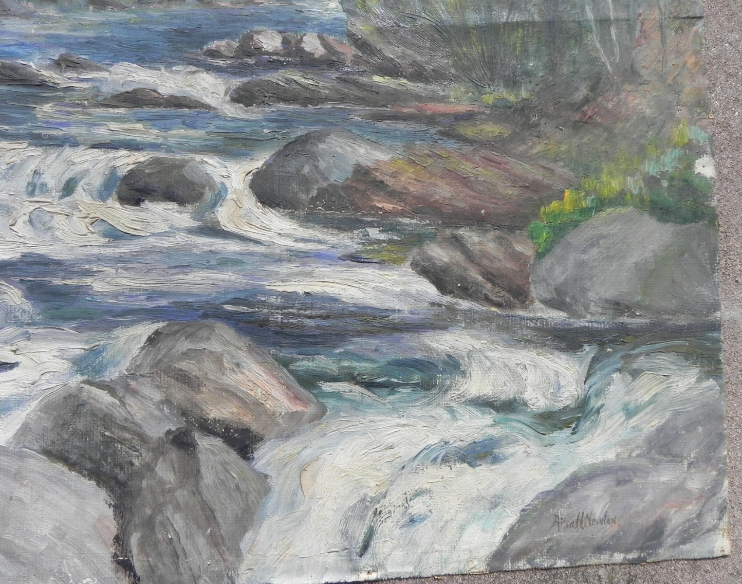 Pair old Connecticut impressionist landscape paintings signed Allen Newton 1927